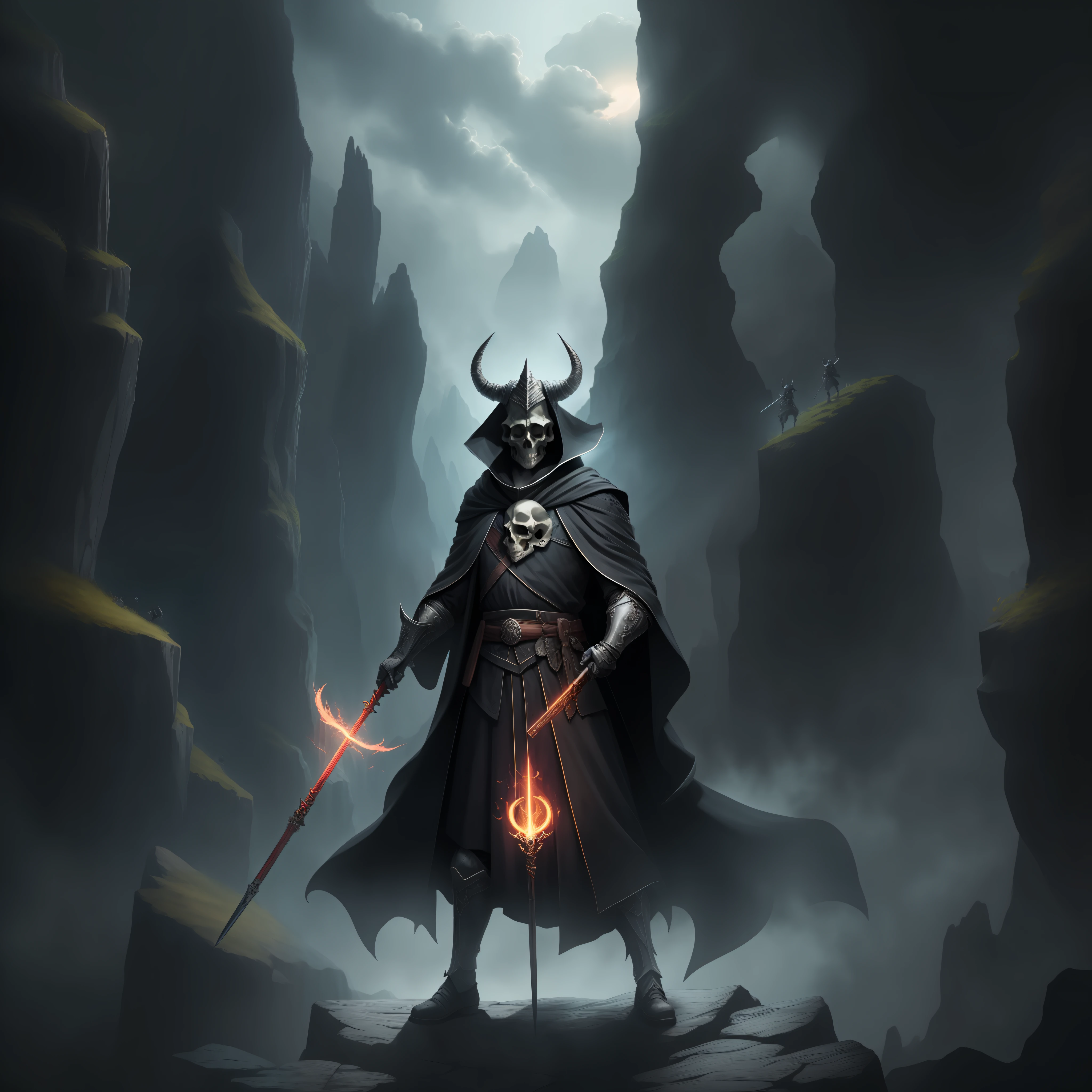 Horned skulls, wearing black robes, red eyes, wielding magic wands, like knights, standing on a cliff