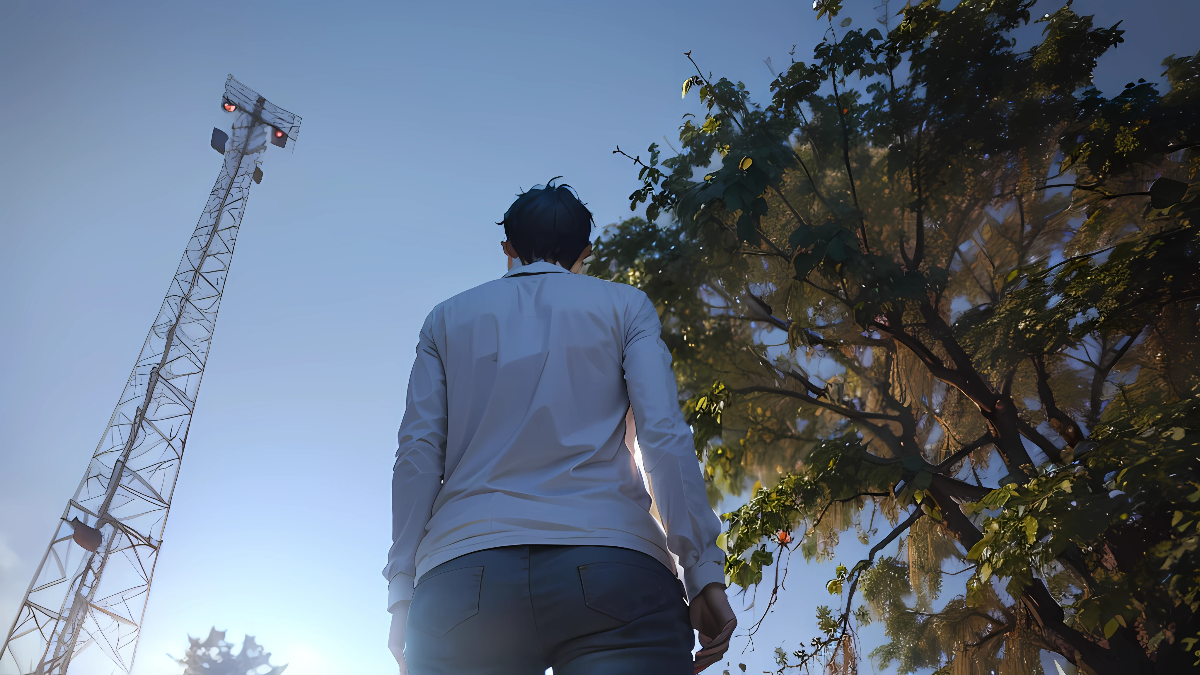 there is a man that is walking down the street with a skateboard, low - angle shot from behind, looking to the sky, extreme low angle shot, facing away from camera, shot from the back, looking at the sky, low angle perspective, long shot from back, low angle looking up, facing away from the camera, low perspective, very low angle photograph