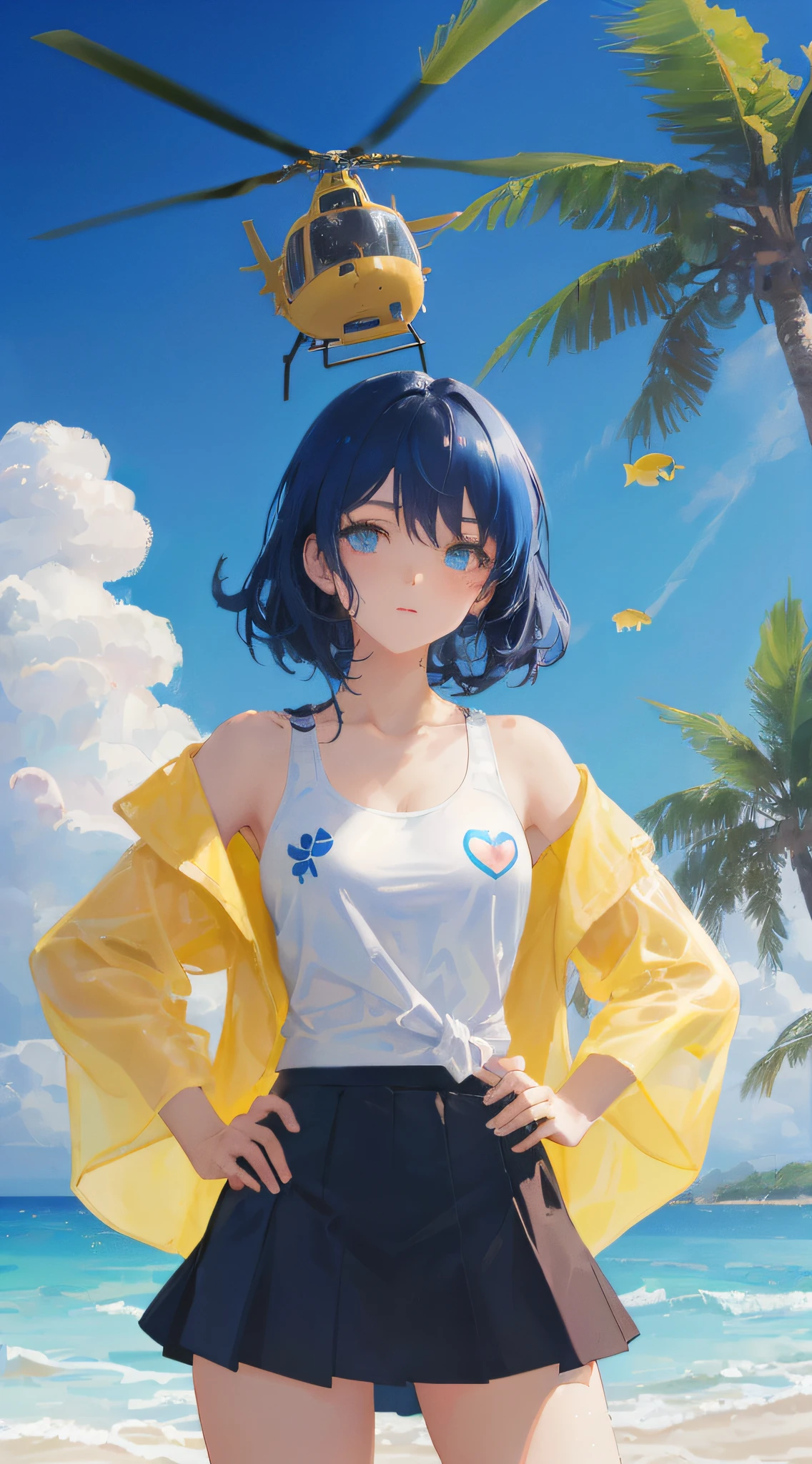 art by Cornflower, dreamy, (A beautiful, aged, anime-style girl with blue eyes and long, black hair, wearing a pale yellow, shiny, long-sleeved, open-chest, long skirt swimming suit with a pink, white, and yellow, heart on it is posing with her hands on her hips, in front of a beach and a bright, blue sky with clouds in it, there are palm trees in the background on both sides of the picture, and there are lots of blue and yellow fish swimming in the ocean, and there is a police helicopter with lights on it flying over the girl)