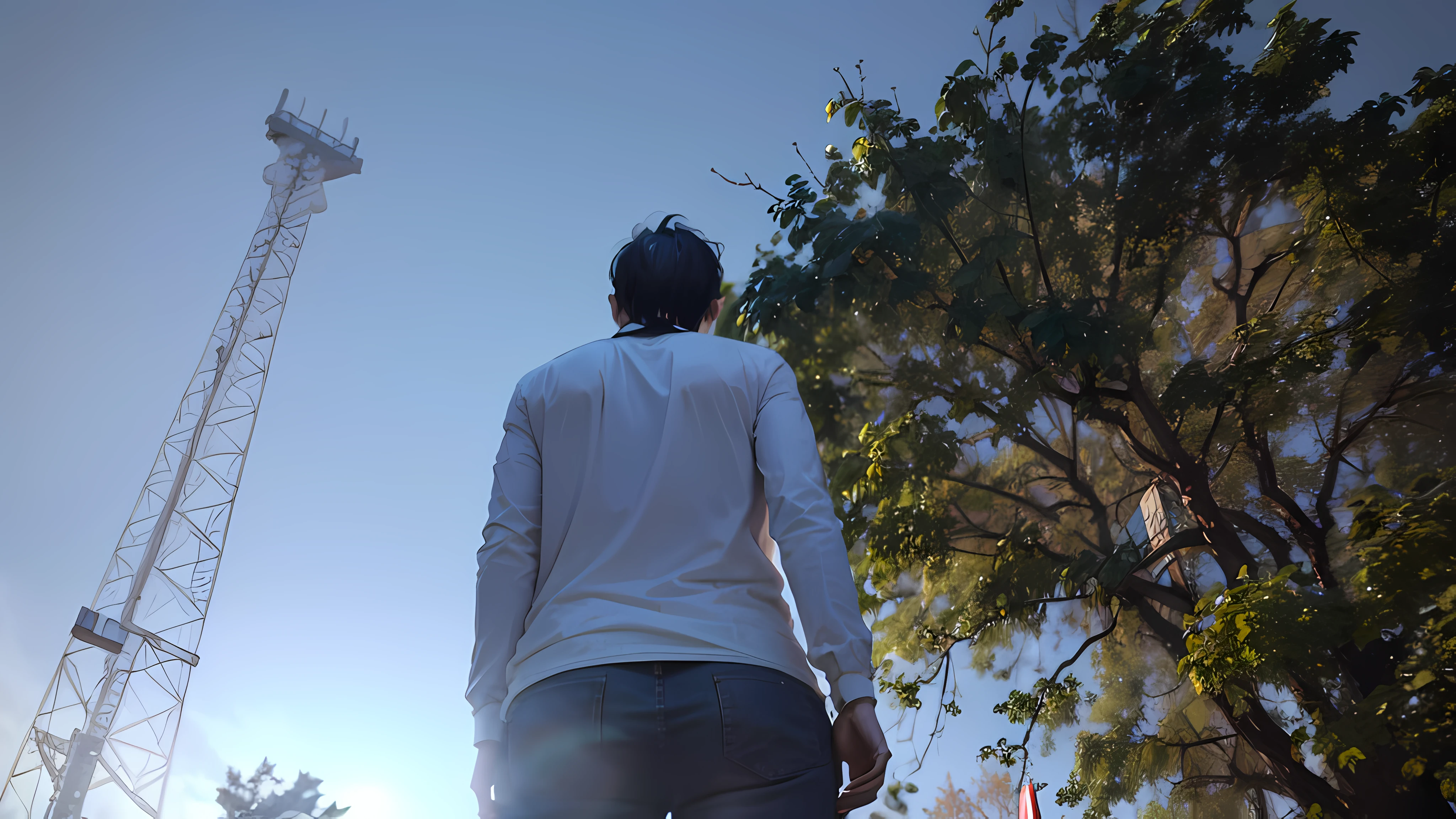 there is a man that is walking down the street with a skateboard, low - angle shot from behind, looking to the sky, extreme low angle shot, facing away from camera, shot from the back, looking at the sky, low angle perspective, long shot from back, low angle looking up, facing away from the camera, low perspective, very low angle photograph