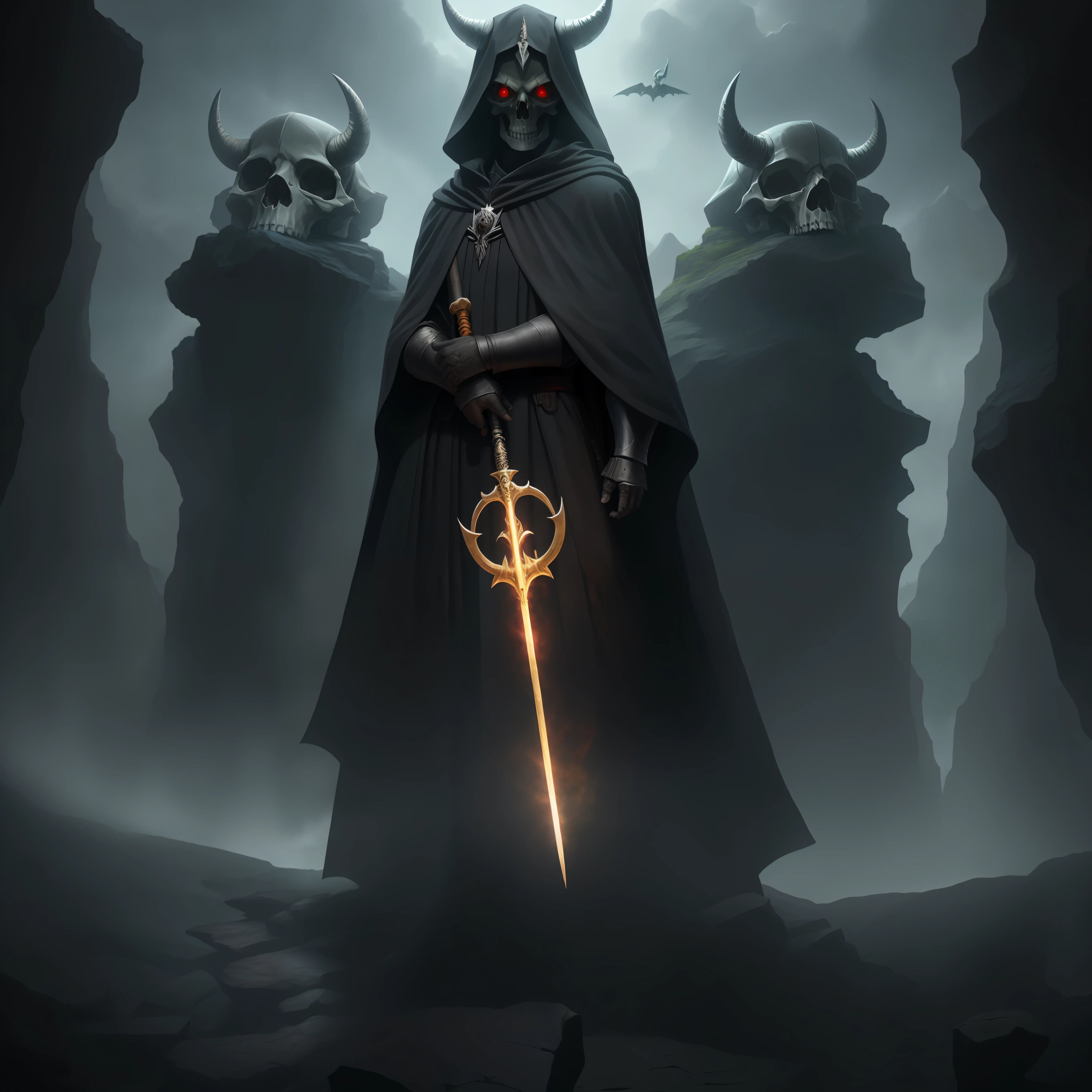 Horned skulls, wearing black robes, red eyes, wielding magic wands, like knights, standing on a cliff
