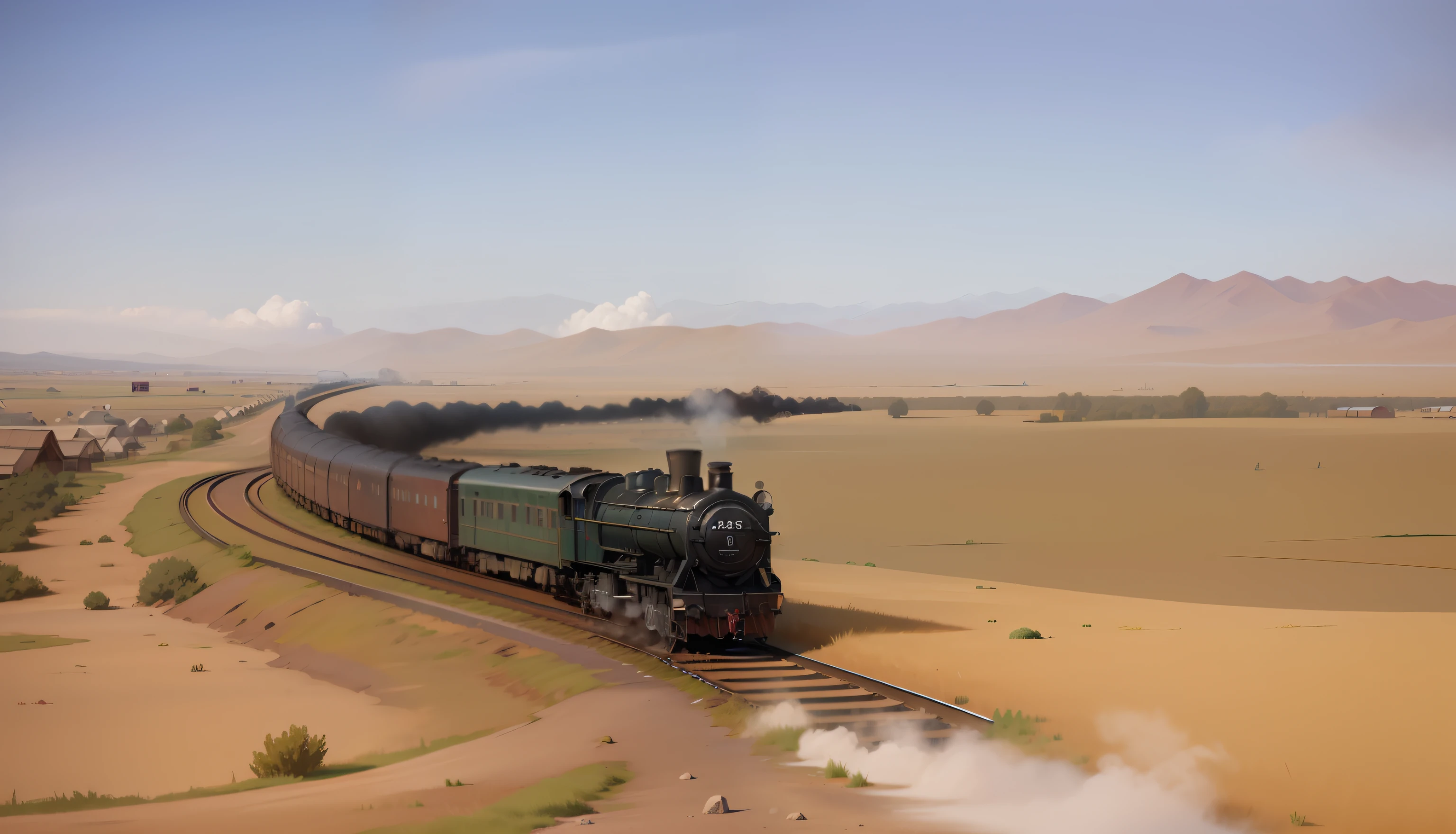 Train on the grassland, the ground is covered with green grass, the yurts are obvious, the train is old, the steam train, there is a sense of age, black smoke above the train, 50s style, shabby, ancient, there are low mountains in the distance, yurts, Inner Mongolia scenery, plains, there are low mountains in the distance, there is mist in front of the mountains in the distance, it is spring, there are white yurts in the middle part, and the old station in Hohhot City, Inner Mongolia in the 50s, the train goes like a distance, the old era train, steam, black smoke, Verism, stereogram, Fujicolor, bloom, depth of field, first-person view, close-up, panorama, perspective, UHD, ccurate, super detail, high details, highres, HD, 8k, realism, grand scene, industrial elements, realism, shabby, brokenness, During the Chinese Industrial Revolution, the railway tracks were intact, and there were obvious groups of yurts on the right, with black and white picture quality