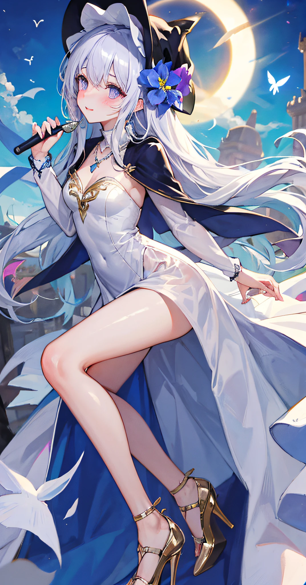 [(purple eyes, air bangs, wizard hat, slender legs, blue high heels, shiny skin, light blue wedding dress: 1.3)], sacred, gorgeous, dark blue sky, sun, sky, magic formation, singing magic, spells, flower butterfly, happy, shy, blush, tilted head, magical world, magic wand, necklace, white hair, incredibly long hair,