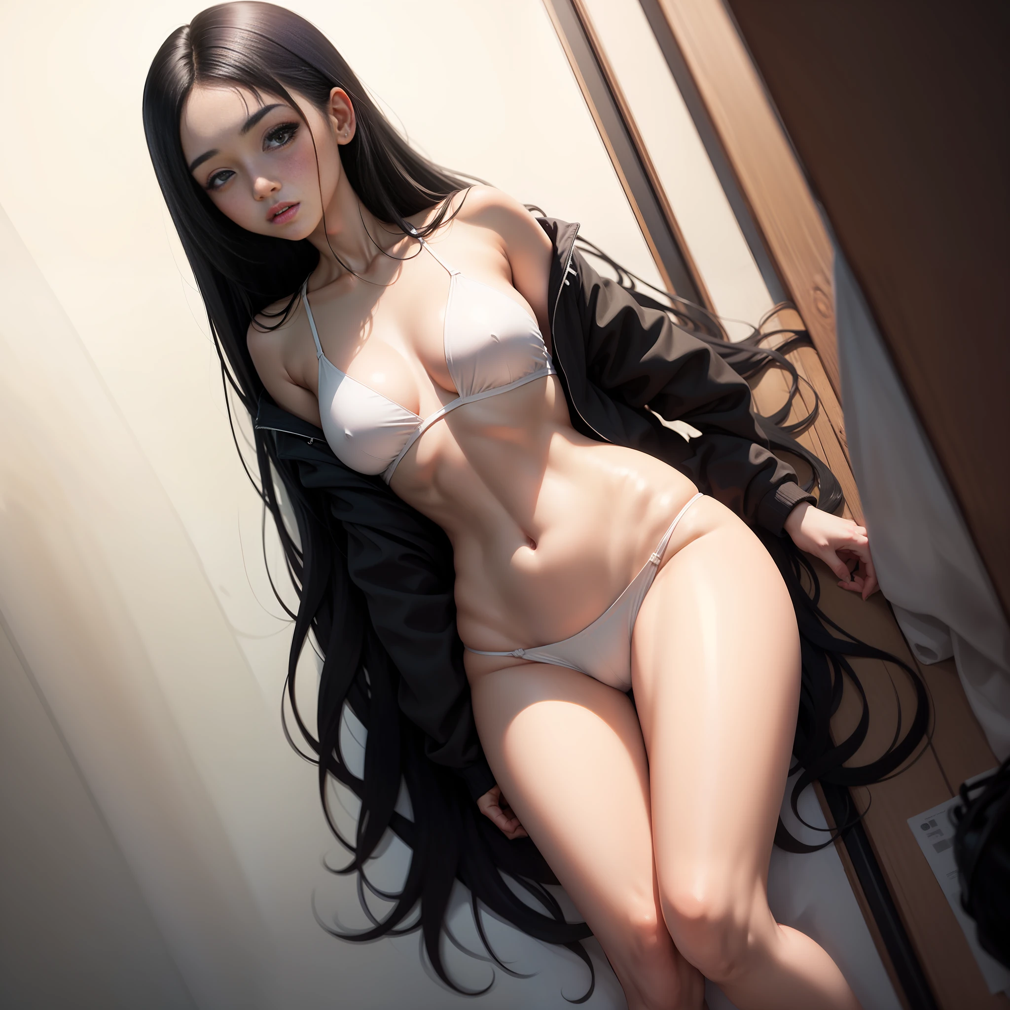 Cute girl with white skin and long black hair
