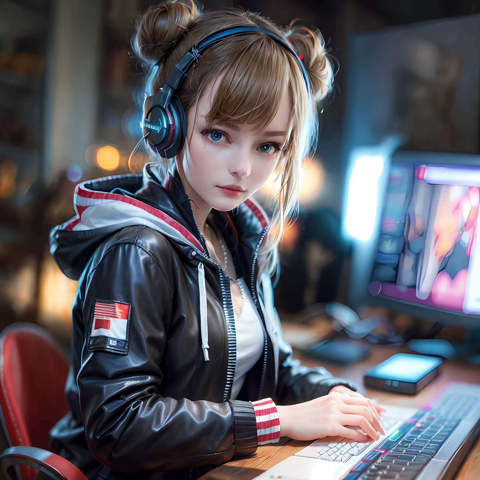 masterpiece, best illustration, solo, 1girl, sitting, hair bun, keyboard \(computer\), leather trim, computer, monitor, hood, jacket, hood down, chair, headphones, city, double bun, instrument, cyberpunk, a small wooden toy,\(\(intricate details\)\),colorful details,iridescent colors BREAK,\(\(best quality masterpiece\)\),4k,ultra detailed,detailed lighting,\(\( inspired by Hayao Miyazaki\)\),official art, promotional art,composition,