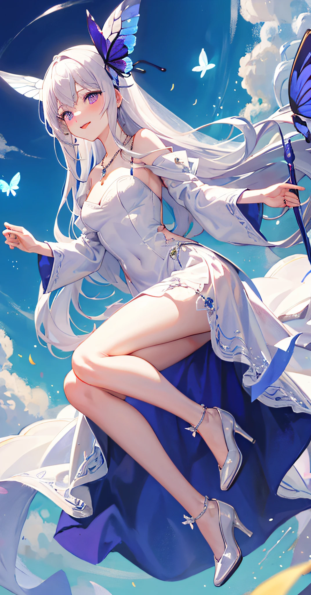 [(purple eyes, air bangs, wizard hat, slender legs, blue high heels, shiny skin, light blue wedding dress: 1.3)], sacred, gorgeous, dark blue sky, sun, sky, magic formation, singing magic, spells, flower butterfly, happy, shy, blush, tilted head, magical world, magic wand, necklace, white hair, incredibly long hair,