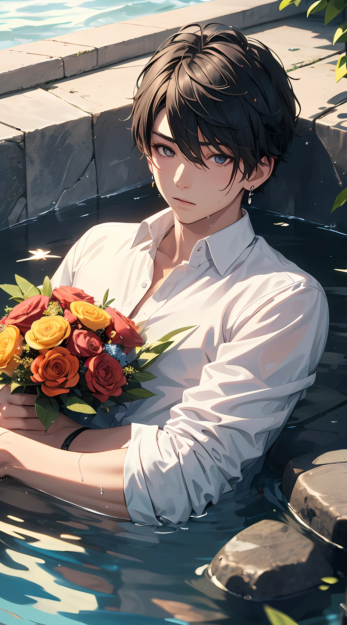 1boy, male, man, boy, ager, young man, physically based rendering, professional lighting, extreme detail, white shirt, bouquet, cross earrings, lying on water, high brightness, refreshing, soft light, ((single))), (solo), lying down, wet, transparent shirt