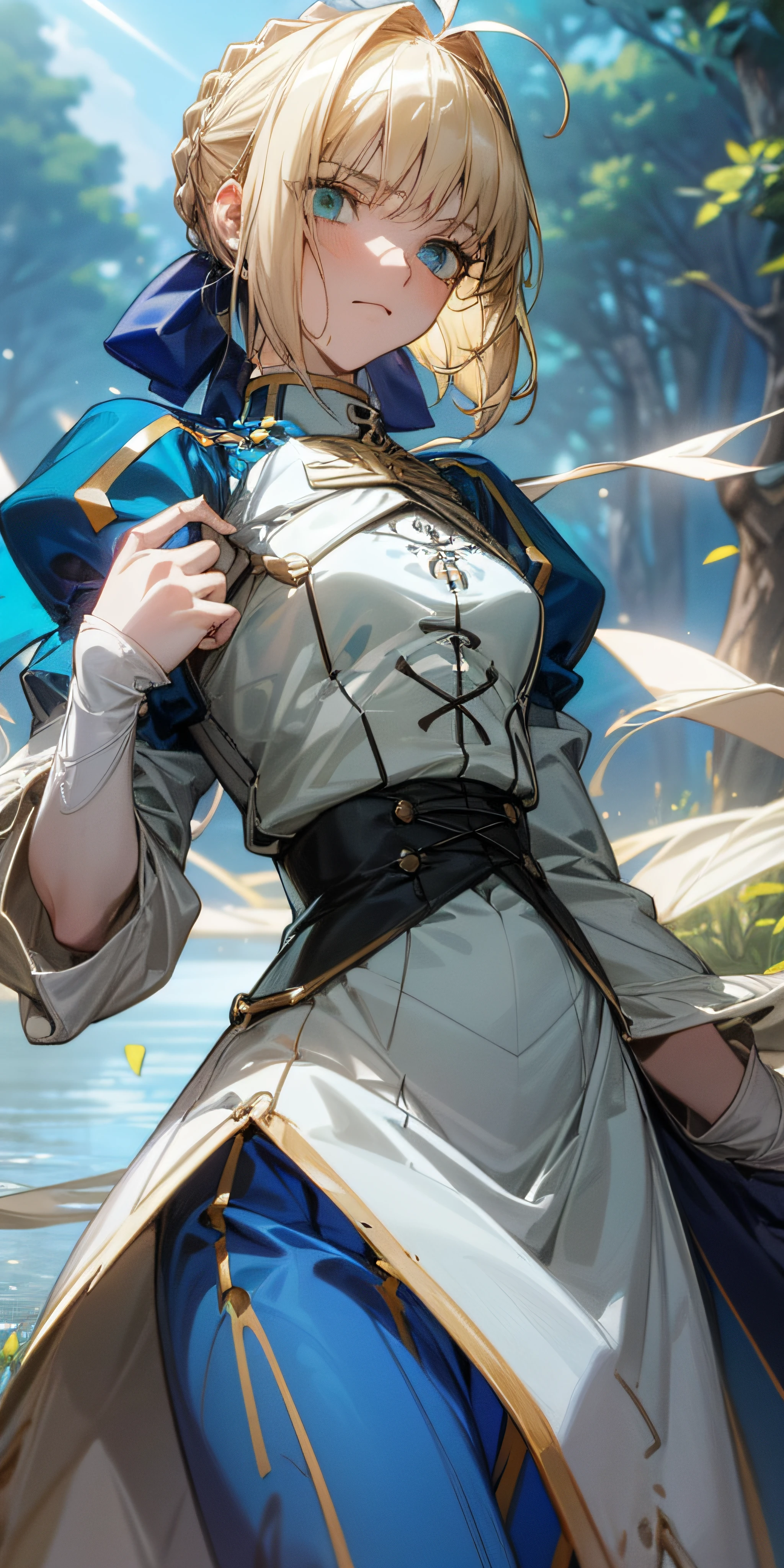 Artoria Pendragon \ (Destiny\, Masterpiece, Best Quality, High Resolution, Ultra Detailed, Art Book, Anime Coloring, CG, Illustration, Fantasy, 1 Girl, Solo, Male Focus, Looking at the Audience, Artoria Pendragon \ (Destiny\), White Shirt Blue Bow, Blue Short Skirt, Detailed Beautiful Face and Eyes , Mild Sunlight with Strong Color Contrast , Warm Environment, Capable Slender Figure, Dexterous Dynamics, Surrounding Light Dim Light Gathering on Maiden, By the Lake, Shade