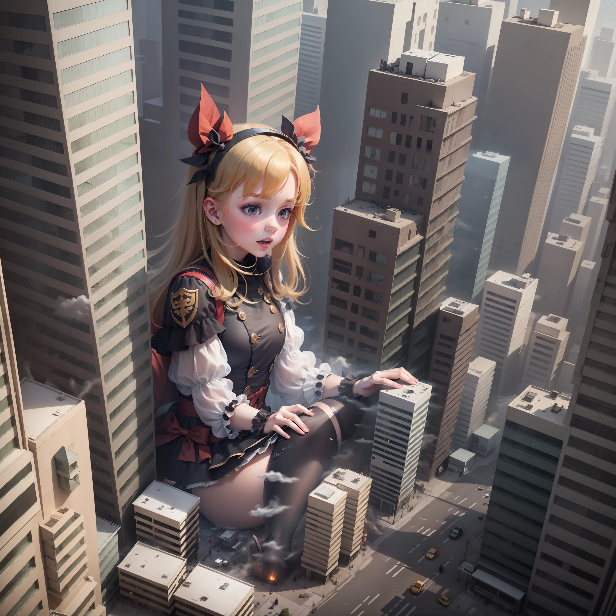 1 girl, quadriceps, GTSCity, fall on a building, 50 meters high, cute, embarrassing, destroyed building, beautiful hands, best quality, masterpiece, top view, bigger than a building, two legs, good hands, five fingers, anime style