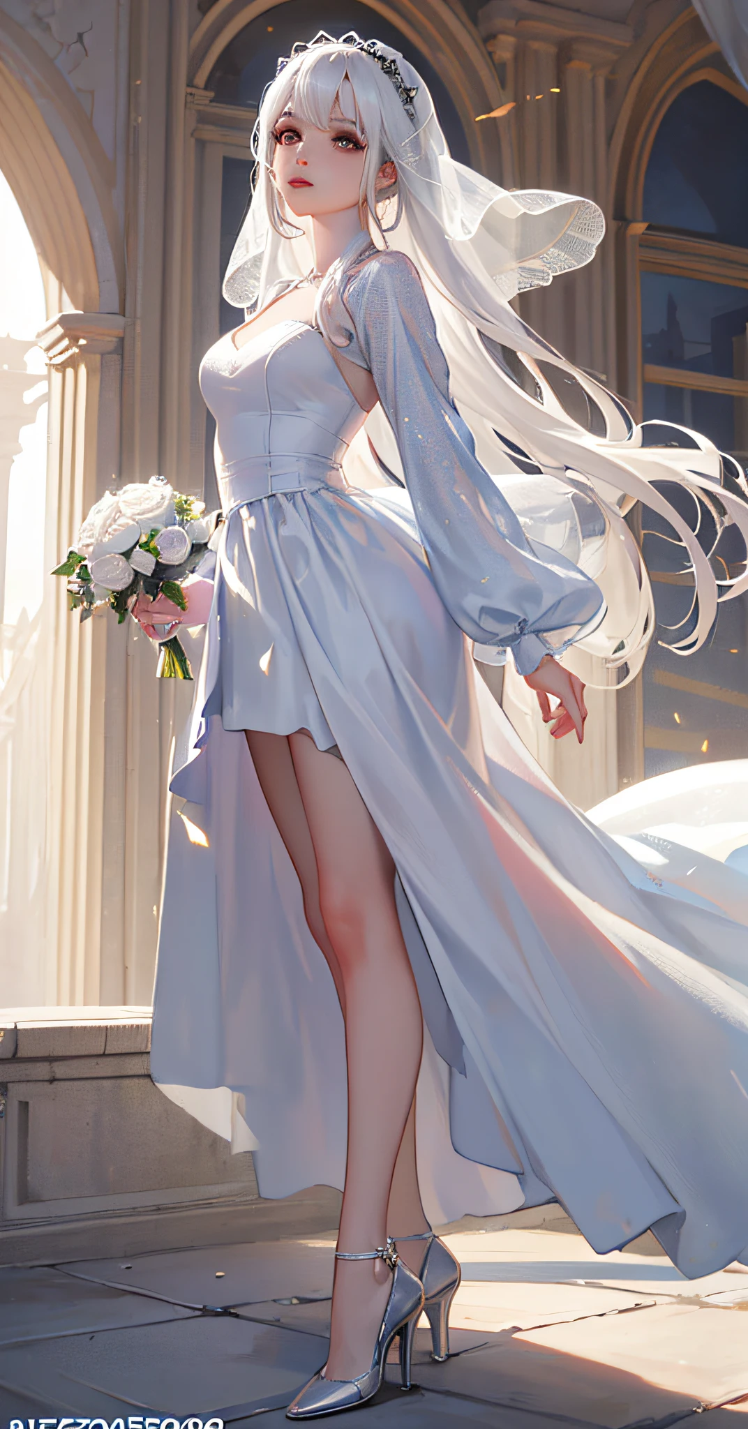 (8K, best quality, Masterpiece: 1.2), (Realism, slender legs, high heels, light blue wedding dress, photo realism: 1.37), a beautiful girl, best quality, masterpiece, unity, extremely exquisite beauty, pure wind desire, extremely detailed, amazing, detailed details, masterpiece, best quality, very detailed, beautiful girl, very detailed eyes and face, beautiful detailed eyes, face light, white hair, symmetrical front view close-up shot, eyes, symmetrical face, very clear focus, lifelike, Award-winning matte painting, film lighting, octane rendering, Unreal Engine volumetrics, DTX, (ulzzang-6500:1.6)