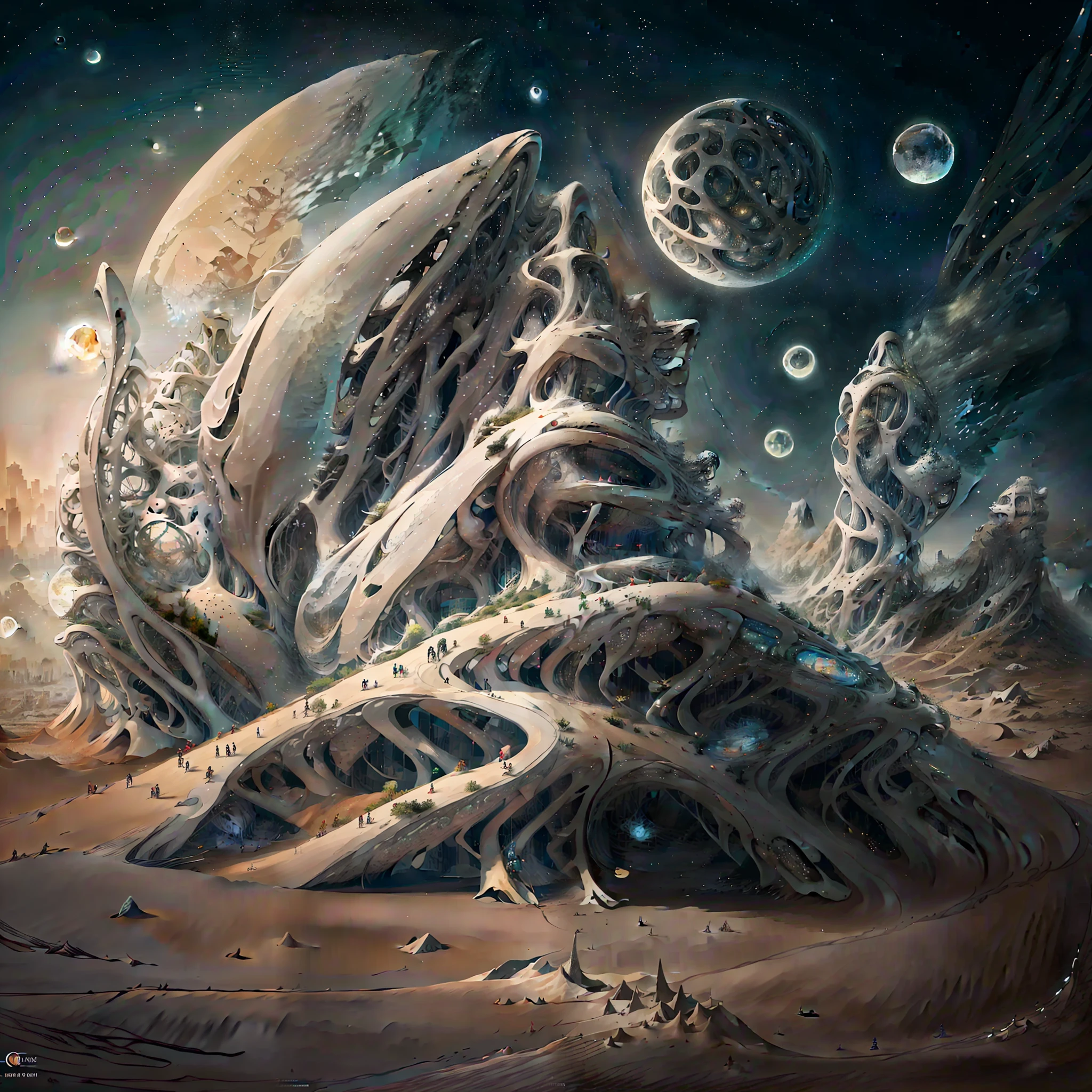 there is a large futuristic masterpiece Arabian castle in Quranic art style in the middle of a futuristic city with a moon, in fantasy sci - fi city, sci-fi fantasy wallpaper, masterpiece concept art cityscape, epic Arabic calligraphy art sci fi illustration, huge futuristic islamic design, fantasy scifi, with masterpiece Quranic art desktop wallpaper, fantasy art city background, in front of a fantasy city, fantasy city, in a castle on an alien planet with masterpiece Calligraphy.