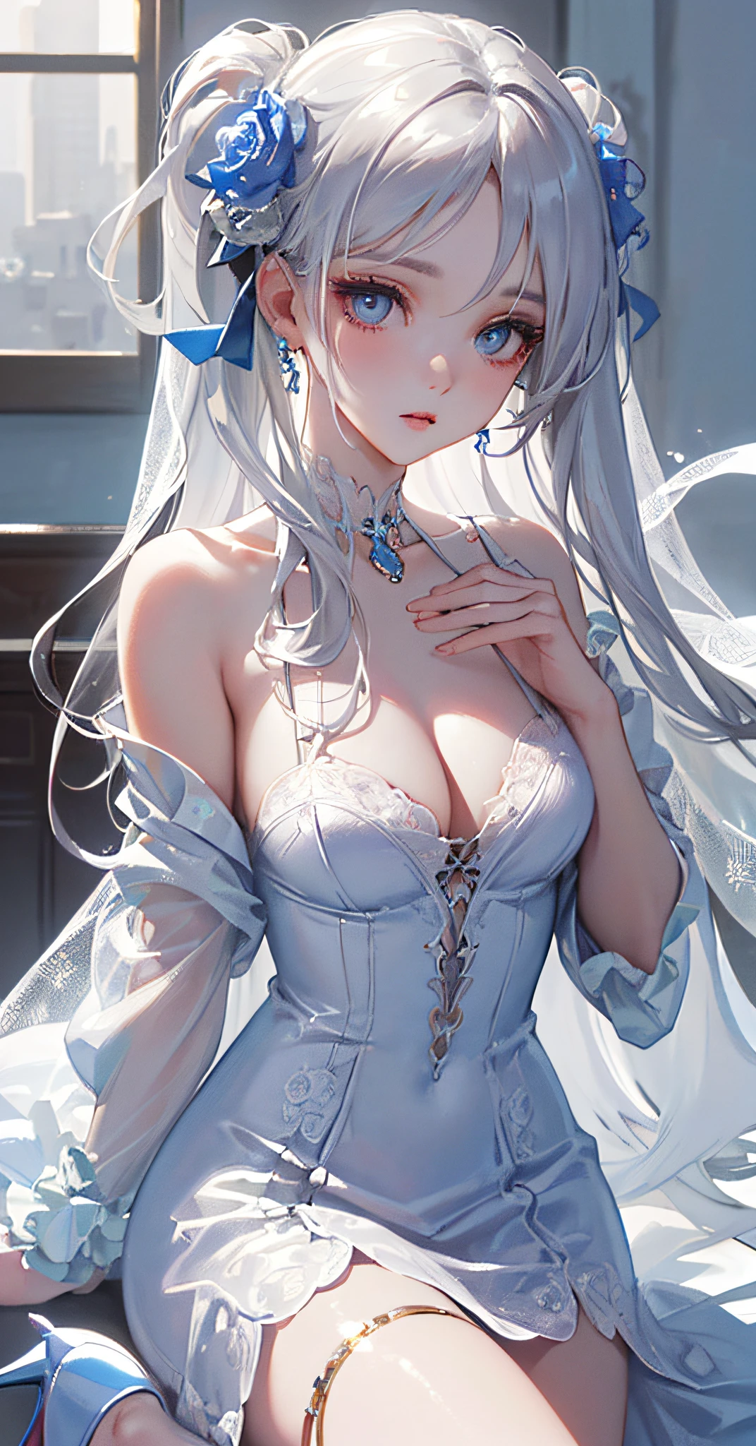 (8K, best quality, Masterpiece: 1.2), (Realism, slender legs, high heels, light blue wedding dress, photo realism: 1.37), a beautiful girl, best quality, masterpiece, unity, extremely exquisite beauty, pure wind desire, extremely detailed, amazing, detailed details, masterpiece, best quality, very detailed, beautiful girl, very detailed eyes and face, beautiful detailed eyes, face light, white hair, symmetrical front view close-up shot, eyes, symmetrical face, very clear focus, lifelike, Award-winning matte painting, film lighting, octane rendering, Unreal Engine volumetrics, DTX, (ulzzang-6500:1.6)
