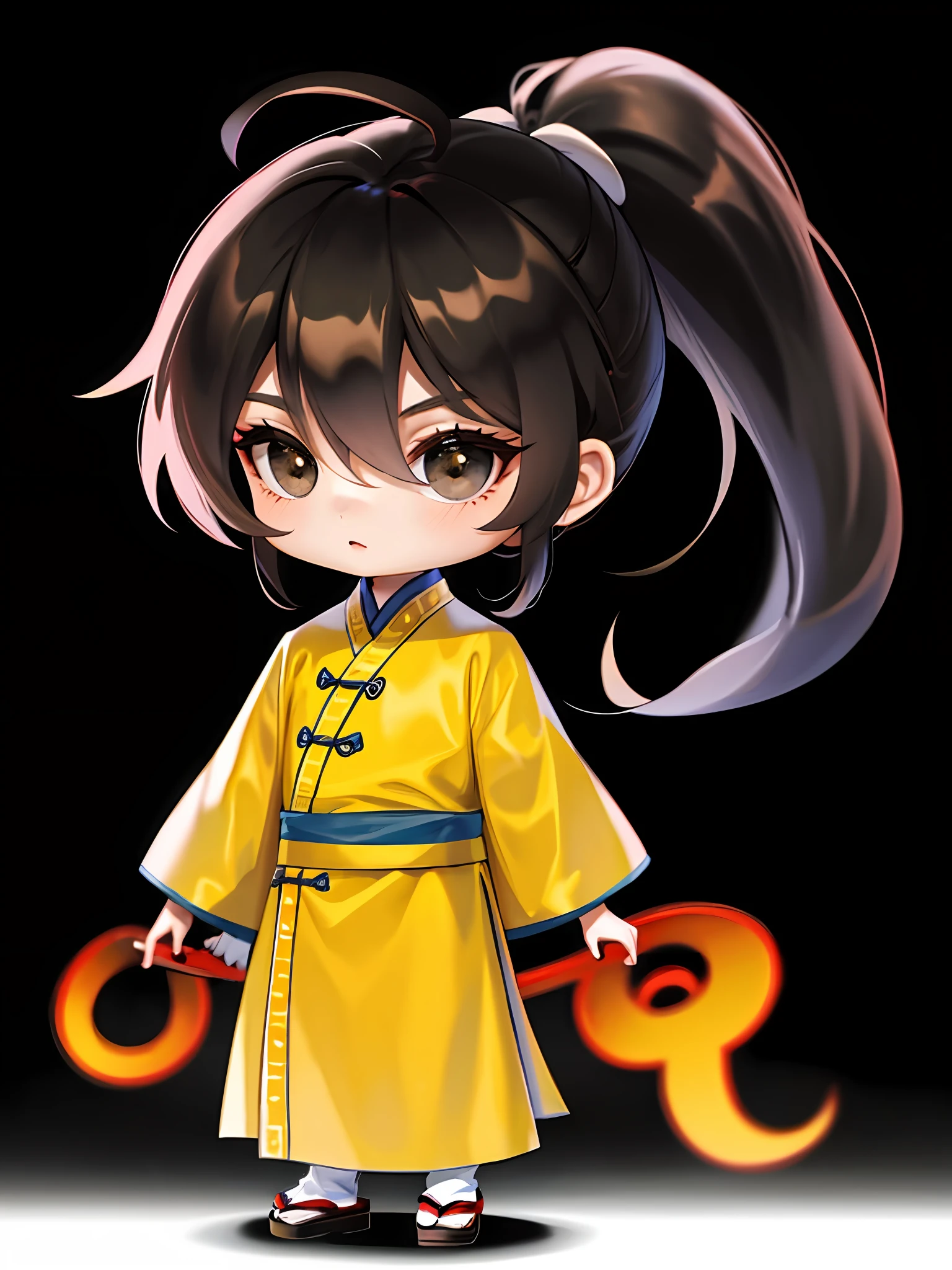 Masterpiece, Superb Piece, (1 boy: 1.8), (Chibi: 1.8), standing, sideways, (ancient Chinese clothes: 1.2), yellow clothes, long black hair, ponytail, black eyes, white background, simple background