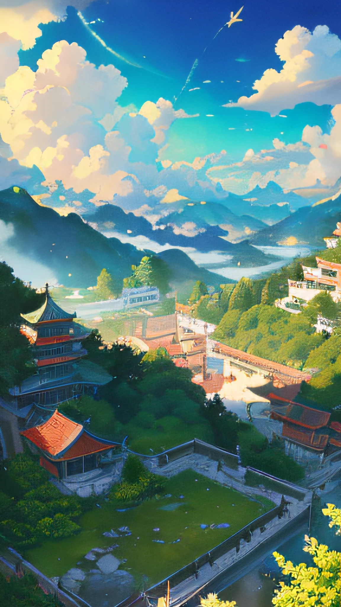 The game scene, the ancient Chinese palace is located above the clouds, surrounded by clouds and mist, majestic, glazed tiles, colorful rays of light, ((color ink)),((splash ink)),((splash ink) ink}) ), masterpiece, high quality, Refined graphics, high detail