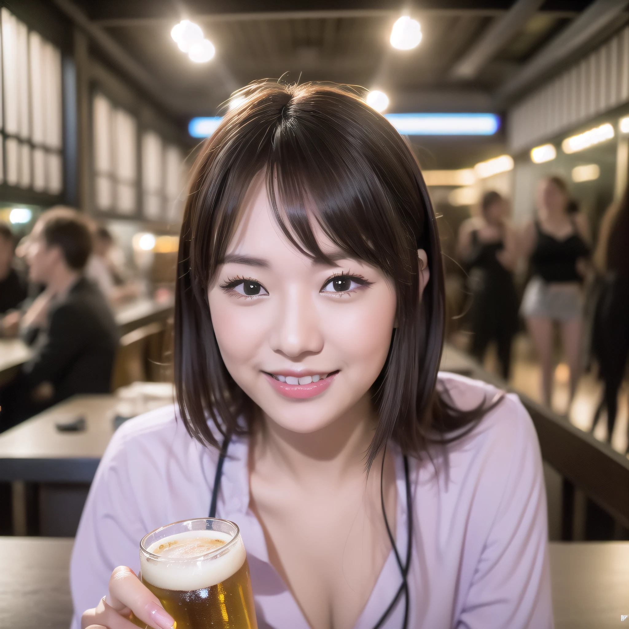 8k uhd,RAW photo, A cute Japanese woman drinking beer in a club and having fun, smile