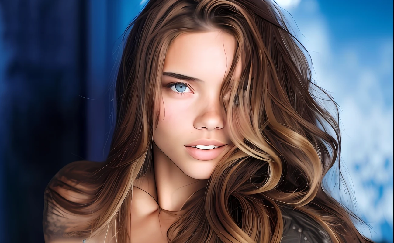 a close up of a woman with long hair and a blue background, adriana lima, dark brown hair and tan skin, light brown hair blue eyes, most beautiful woman on earth, brown-blond-hair pretty face, light brown messy hair, victoria's secret model, with dark brown messy hair, parted light brown hair, light brown hair, perfect face!!!