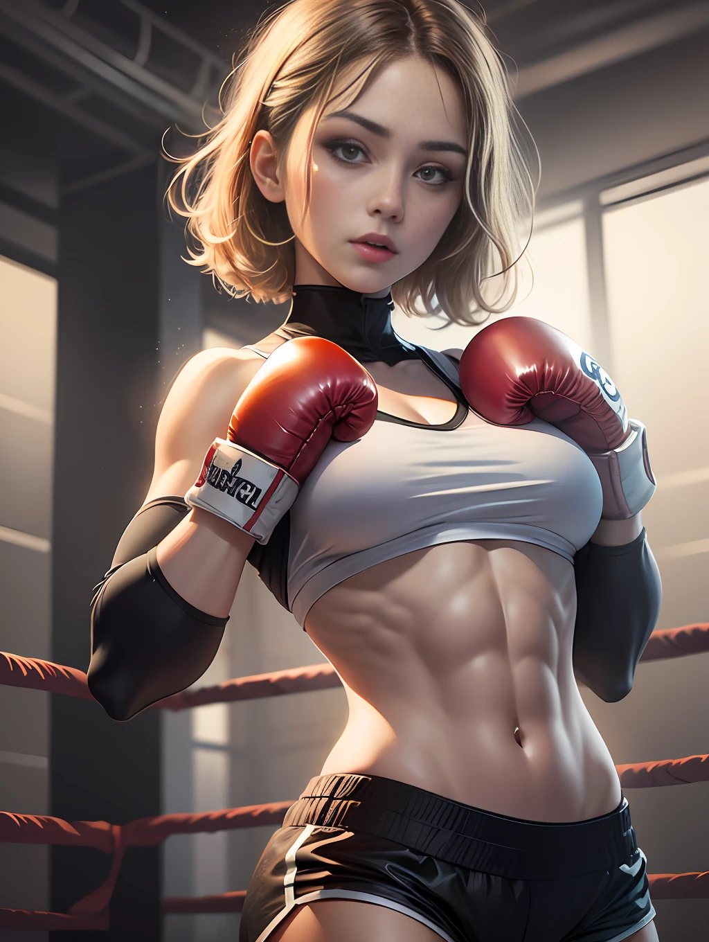 masterpiece,superdetailed realistic illustration,1beatiful girl,very short light color hair,large breast,tone abs,ideal proportion,boxing venue,dramatic light,detailed shadow,