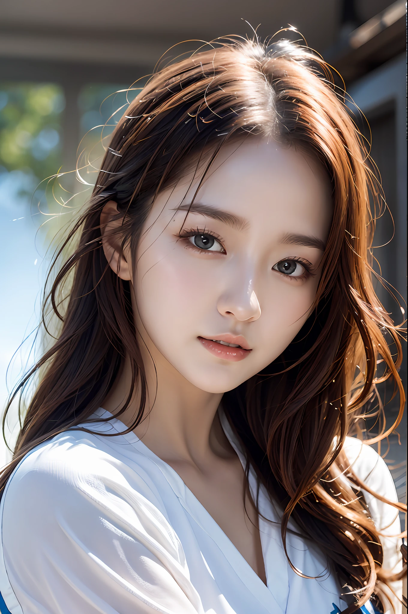 clothed、(photo real:1.4)、(Hyperrealistic:1.4)、(Realstic:1.3)、
(Smoother lighting:1.05)、(improved movie lighting quality:0.9)、32 k、
1GIRL、20 years old girl、Realistic Lighting、Backlit、Facial light、Ray Trace、(Brightening light:1.2)、(Increase quality:1.4)、
(Top Quality Real Texture Skin)、Fine eyes、finerly detailed face、
(Tired, sleepy and satisfied:0.0)、closeup on face、basketball uniform:1.3、
(Bodyline mood improvement:1.1)、Glossy skin、actress、korean idol、Nogizaka Idol、hposing Gravure Idol、Beautiful actress、Neat and clean woman、