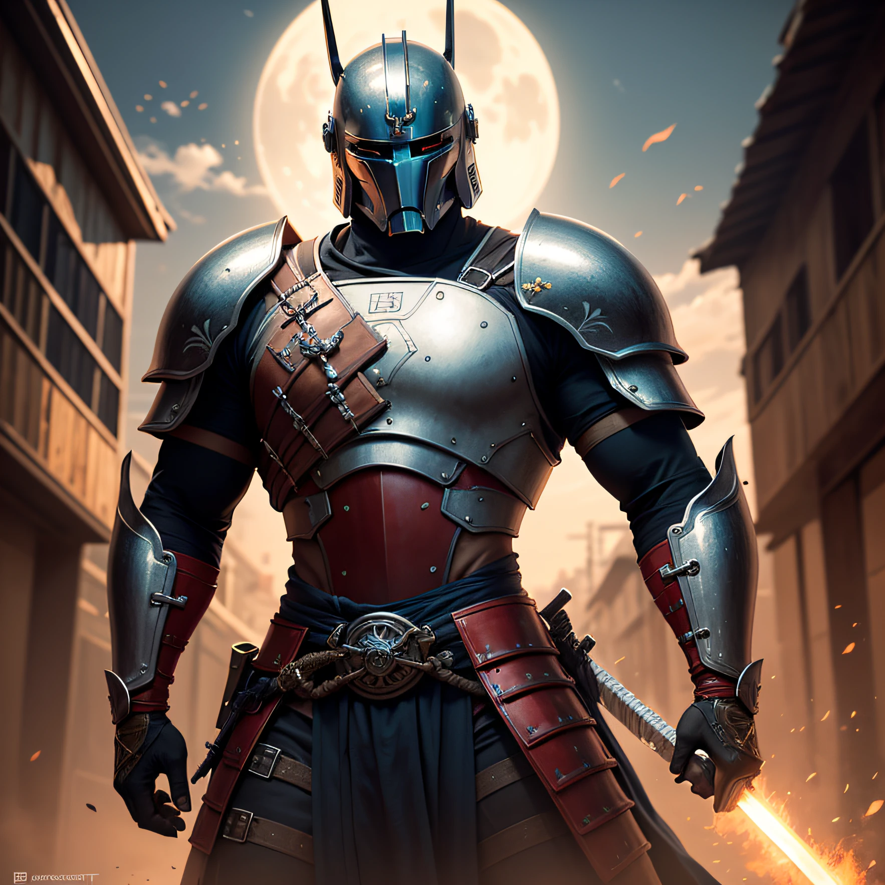 Here is an example of a description based on the information you provided:
"In an impressive setting, a devastated city of Rio de Janeiro, full of destroyed cars, we meet four samurai Mandalorians, skilled warriors dressed in armor inspired by the ancient samurai. They are masters at using light ninja swords, which glow brightly and cut through the air with precision.
Among the Mandalorians, Bobafet stands out, wearing a unique armor in black and purple, with details in yellow, red, silver and gold. Its appearance is reminiscent of a modern samurai, combining the elegance and mystery of legendary warriors. Bobafet exudes power and domination, with his shining armor reflecting the intense light of the radiant sun and the luminous moon.
The scene is captured with high resolution and better quality, highlighting all the details of the armor and the light swords. Bobafet, in particular, draws attention with the vibrant shades of red and blue added to his armor, which accentuate his majestic and imposing presence as a true modern samurai."
I hope this is useful for your creation! --auto