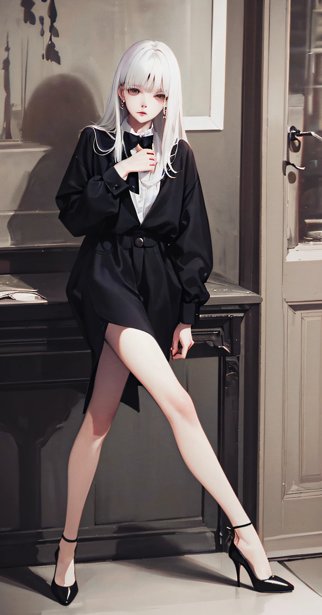 Masterpiece, Best Quality, (Dark Photo with Slim Legs, High Heels:1.3), Realistic, 1 Girl, Flat Bangs, Stunning Innocent Symmetrical Face, (White Hair), (Room), Shirt, Emotion, Urzan, (PureErosFace_V1:0.7),(ulzzang-6500:1.6)