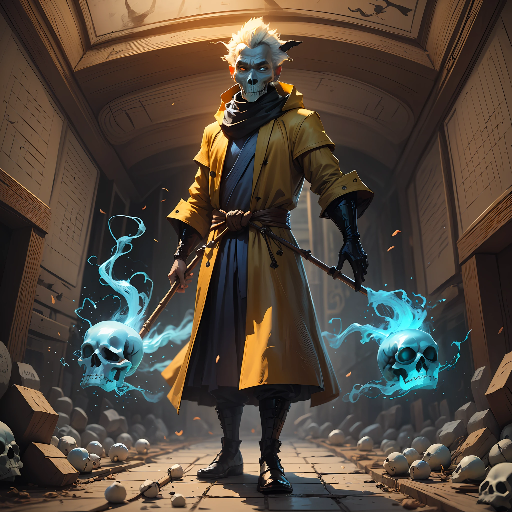Monk, two round eyes bright like lamps. Not black, not blue, indigo face, like thunder like a drum old dragon. He wears a goose yellow coat and a white vine at his waist. There are nine skeletons hanging under the floor, holding a treasure staff. --auto
