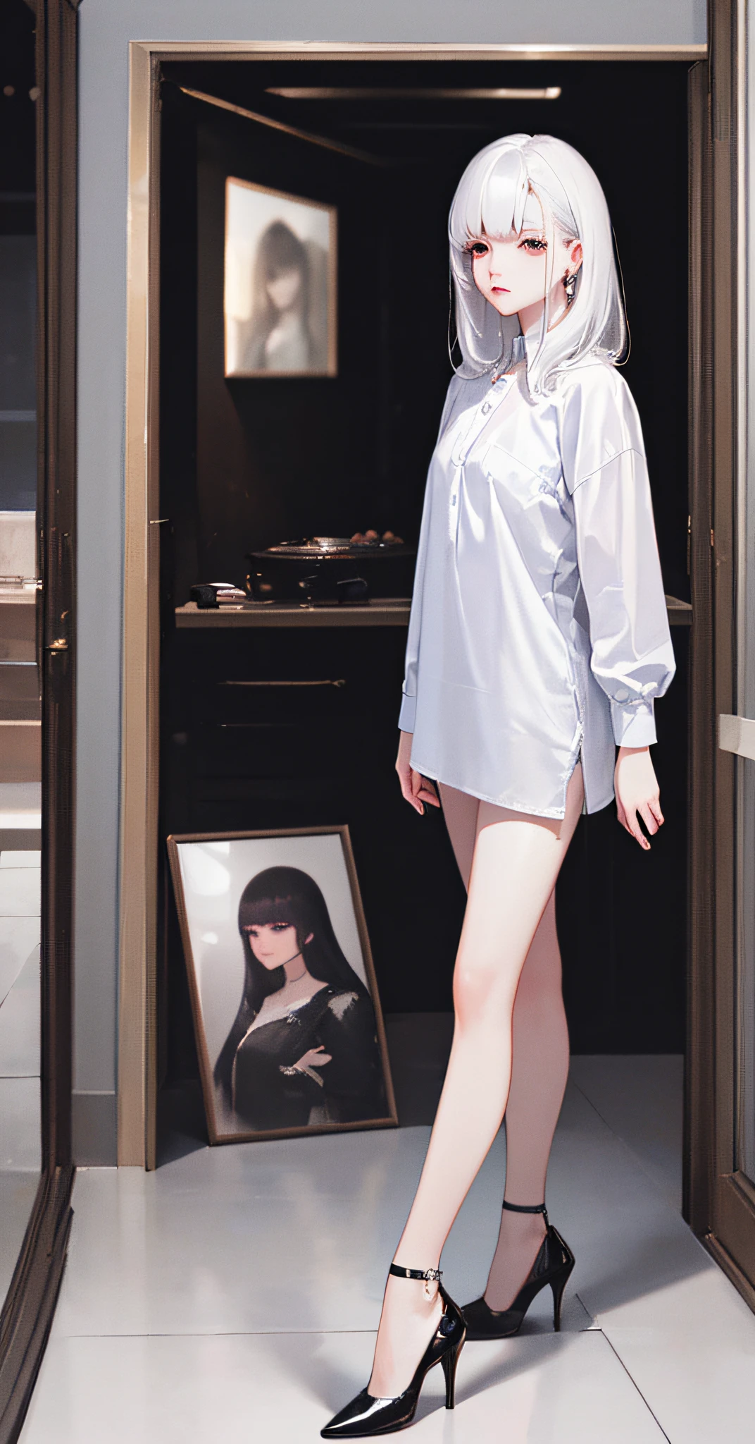 Masterpiece, Best Quality, (Dark Photo with Slim Legs, High Heels:1.3), Realistic, 1 Girl, Flat Bangs, Stunning Innocent Symmetrical Face, (White Hair), (Room), Shirt, Emotion, Urzan, (PureErosFace_V1:0.7),(ulzzang-6500:1.6)