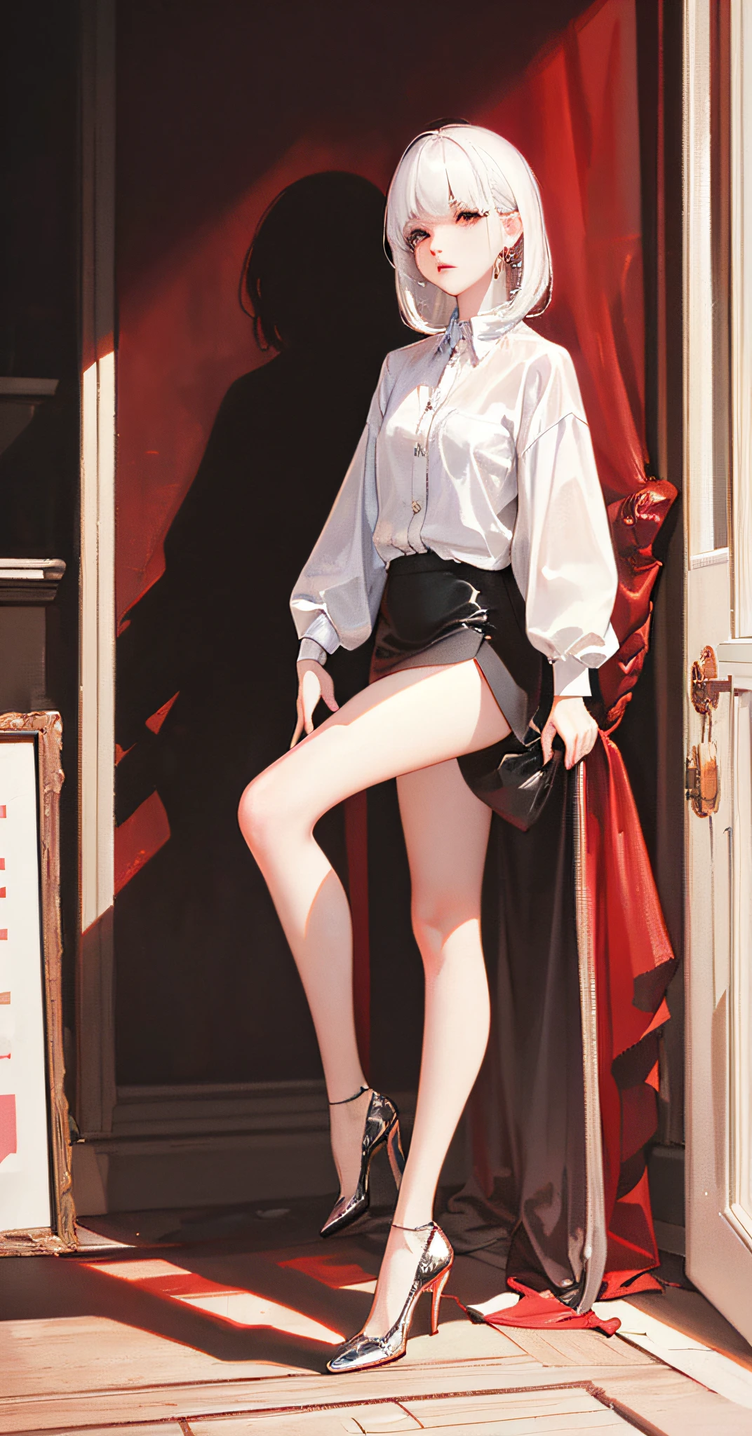 Masterpiece, Best Quality, (Dark Photo with Slim Legs, High Heels:1.3), Realistic, 1 Girl, Flat Bangs, Stunning Innocent Symmetrical Face, (White Hair), (Room), Shirt, Emotion, Urzan, (PureErosFace_V1:0.7),(ulzzang-6500:1.6)