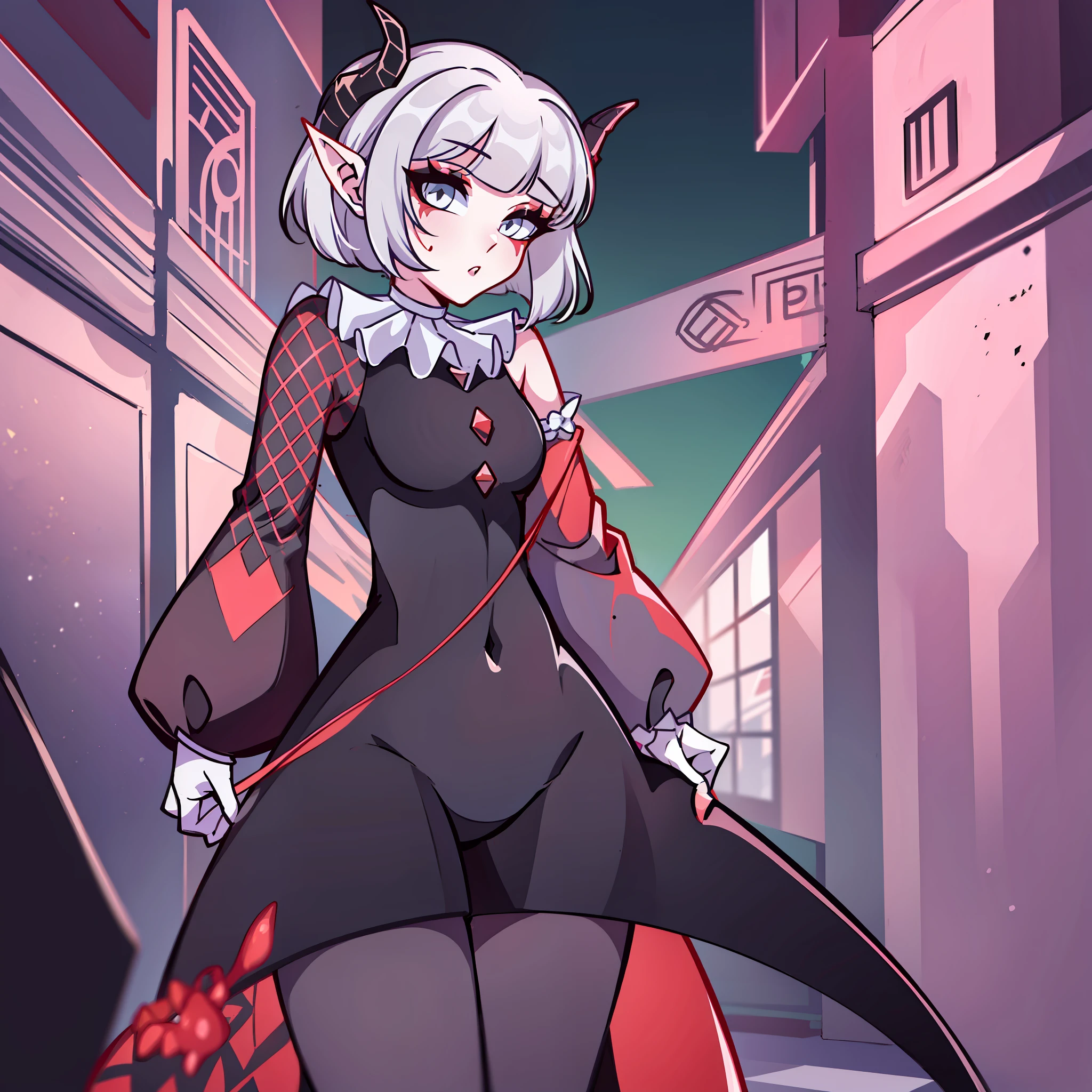 (Best quality: 1.0), (super high res: 1.0), extremely detailed character, detailed Hands, half-dragon girl, horns, scales on the neck, scales on the shoulders, scales on the forearm, scales on the cheek, dragon's tail, extremely detailed hair, short hair, ((white hair)), ((black locks)), extremely detailed eyes, (one white eye and one black eye), dragon eyes, 2d, tomboy girl, anime art, teen, ((full body)), standing, medieval, Rpg