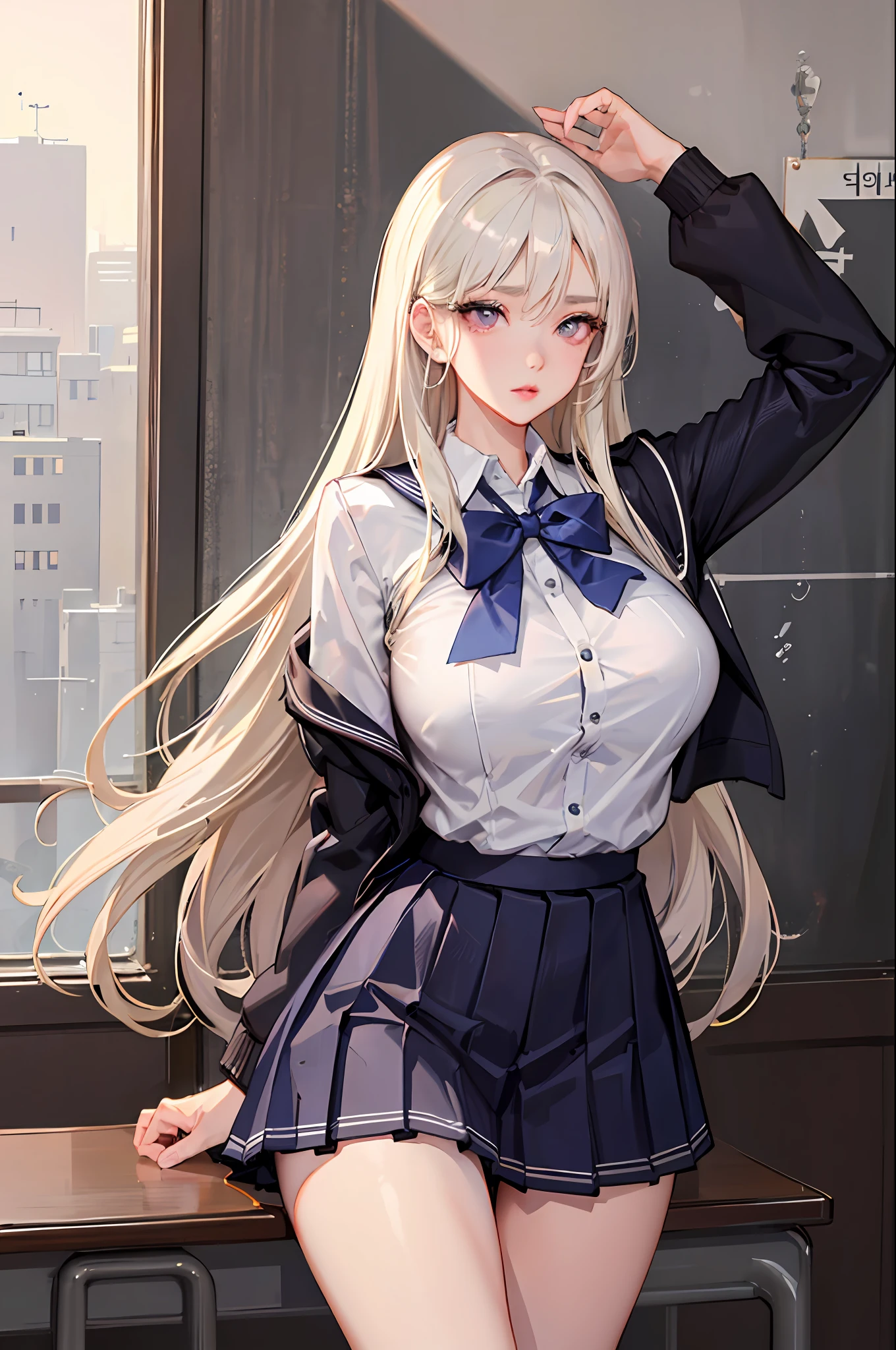 1girl, nsfw, masterpiece, best quality, slender girl with hourglass body and massive breasts, solo, pretty, cute, shy girl, ((girl wears school uniform, short pleated skirt, white blouse, Korean school uniform)), sexy, girl shows enticing breasts, ((platinum blond hair, long hair)), pink eyes, detailed eyes, beautiful eyes, delicate eyes, ((hourglass body, sexy body)), correct anatomy, correct limbs, ((massive breasts, large breasts)), juicy lips, pouty lips, [detailed background (korean school, korean high school, Seoul, south korea)]