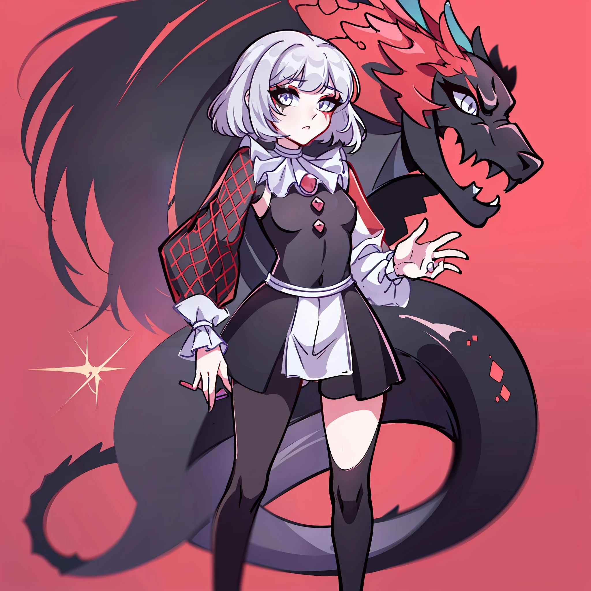 (Best quality: 1.0), (super high res: 1.0), extremely detailed character, detailed Hands, half-dragon girl, horns, scales on the neck, scales on the shoulders, scales on the forearm, scales on the cheek, dragon's tail, extremely detailed hair, short hair, ((white hair)), ((black locks)), extremely detailed eyes, (one white eye and one black eye), dragon eyes, 2d, tomboy girl, anime art, teen, ((full body)), standing, medieval, Rpg