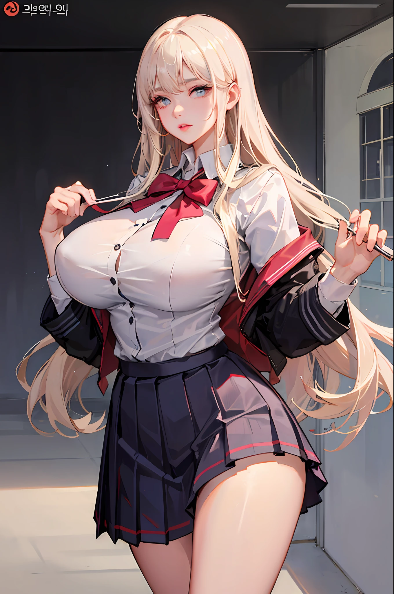 1girl, nsfw, masterpiece, best quality, slender girl with hourglass body and massive breasts, solo, pretty, cute, shy girl, ((girl wears school uniform, short pleated skirt, white blouse, Korean school uniform)), sexy, girl shows enticing breasts, ((platinum blond hair, long hair)), pink colored eyes, pink orbs, detailed eyes, beautiful eyes, delicate eyes, ((hourglass body, sexy body)), correct anatomy, correct limbs, ((massive breasts, large breasts)), juicy lips, pouty lips, [detailed background (korean school, korean high school, Seoul, south korea)]