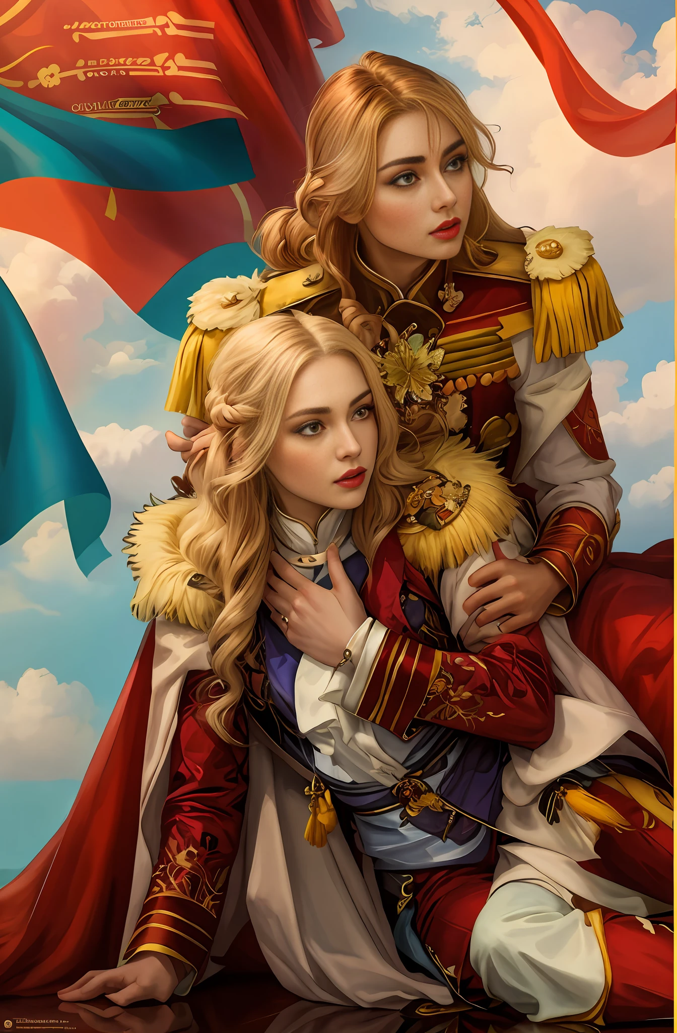 Alafed image of two women in military uniform, Anna Nikonova, young woman as Genghis Khan, Kazakh Empress Maria Panfilova, Simona Subafy as captain, Julia Gorokhova, award-winning costume design, Anastasia Ovchinnikova, Rose of Versailles, Takarazuka,
