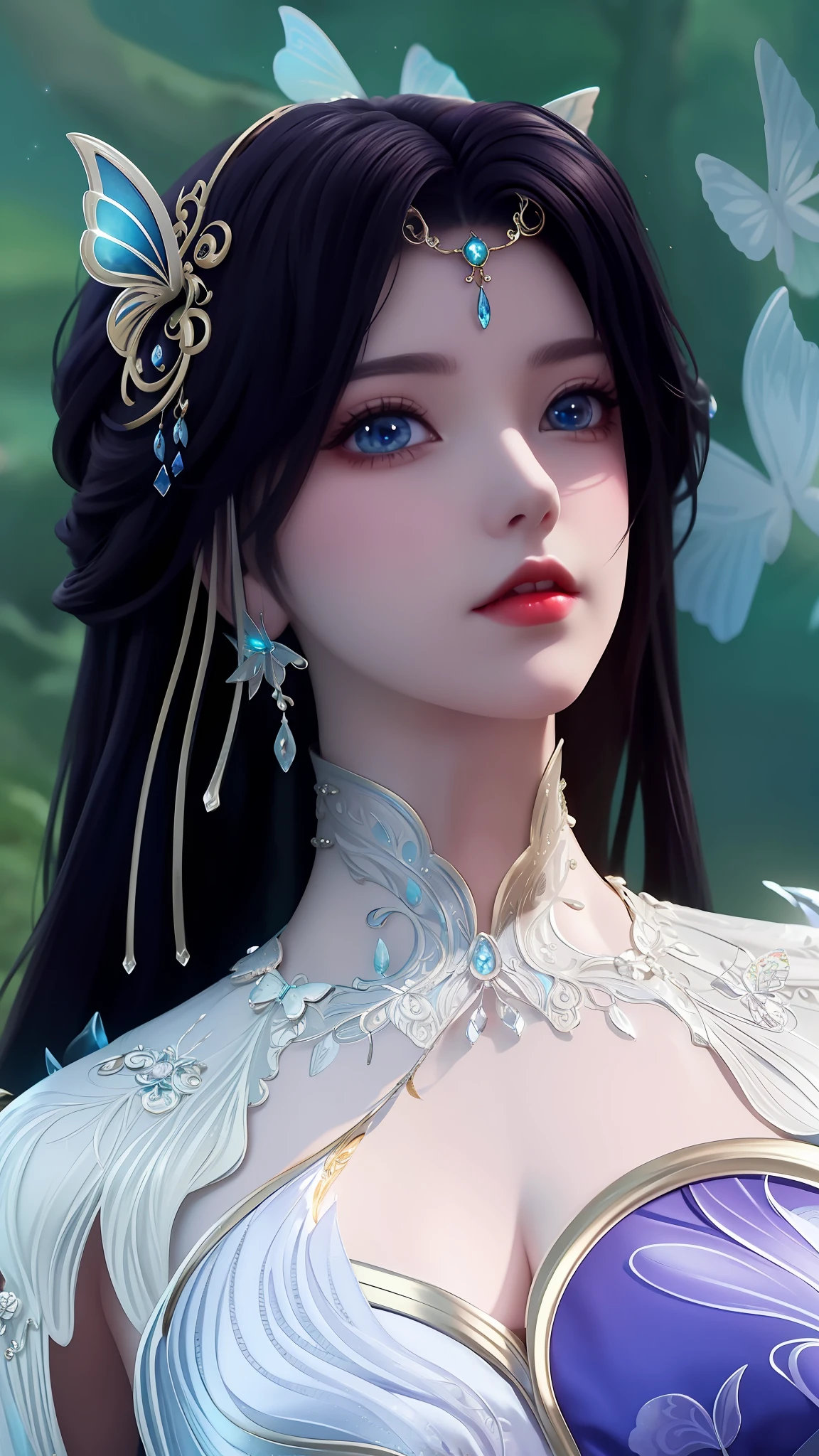 Close-up of woman with butterfly on her head, beautiful and elegant elf queen, beautiful fantasy queen, beautiful fantasy art, beautiful fantasy girl, fantasy art style, epic fantasy art style HD, goddess in anime