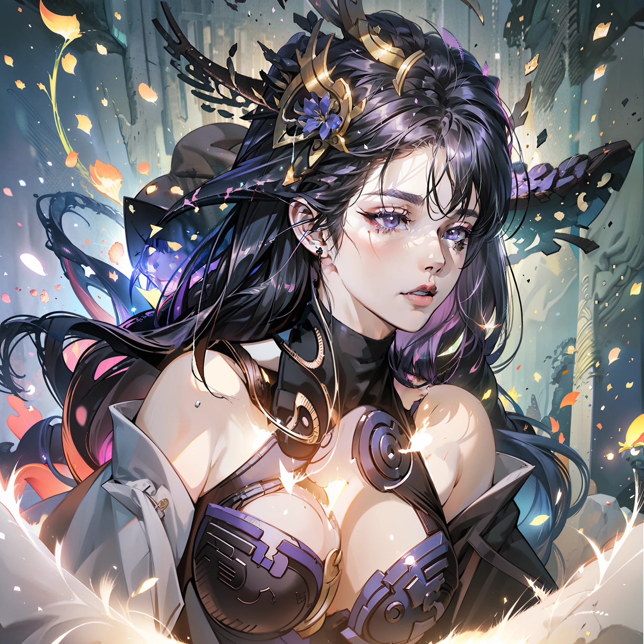 Anime - Style artwork of a woman in a black hat and cape, epic fantasy art with symmetry, symmetry!! Concept Art, Anime Fantasy Illustration, Symmetrical Concept Art, 2. 5d CGI Anime Fantasy Artwork, Digital 2d Fantasy Art, Fantastic Fantasy 2d Concept Art, Ominous Fantasy Illustration, Detailed Digital 2d Fantasy Art, Anime Fantasy Artwork with Colorful, HDR, Ray Tracing, NVIDIA RTX, Super Resolution, Unreal 5, Subsurface Scattering, PBR Texture, Post Processing, Anisotropic Filtering, Depth of Field, Maximum Sharpness and Acutance, Rule of Thirds, 16k Original, (Glow Particle:1.4), Extremely detailed CG, Unity 8k wallpaper, 3D, cinematic lighting, lens flare, reflections, sharp focus, realistic, highly detailed CG illustration, extremely refined and beautiful cinematic light, (realistic: 1.5), (dark background: 1.5), dynamic angle, masterpiece, best quality, super detailed, illustration, detailed light, dramatic_shadow, face shadow, extra detail, best performance,