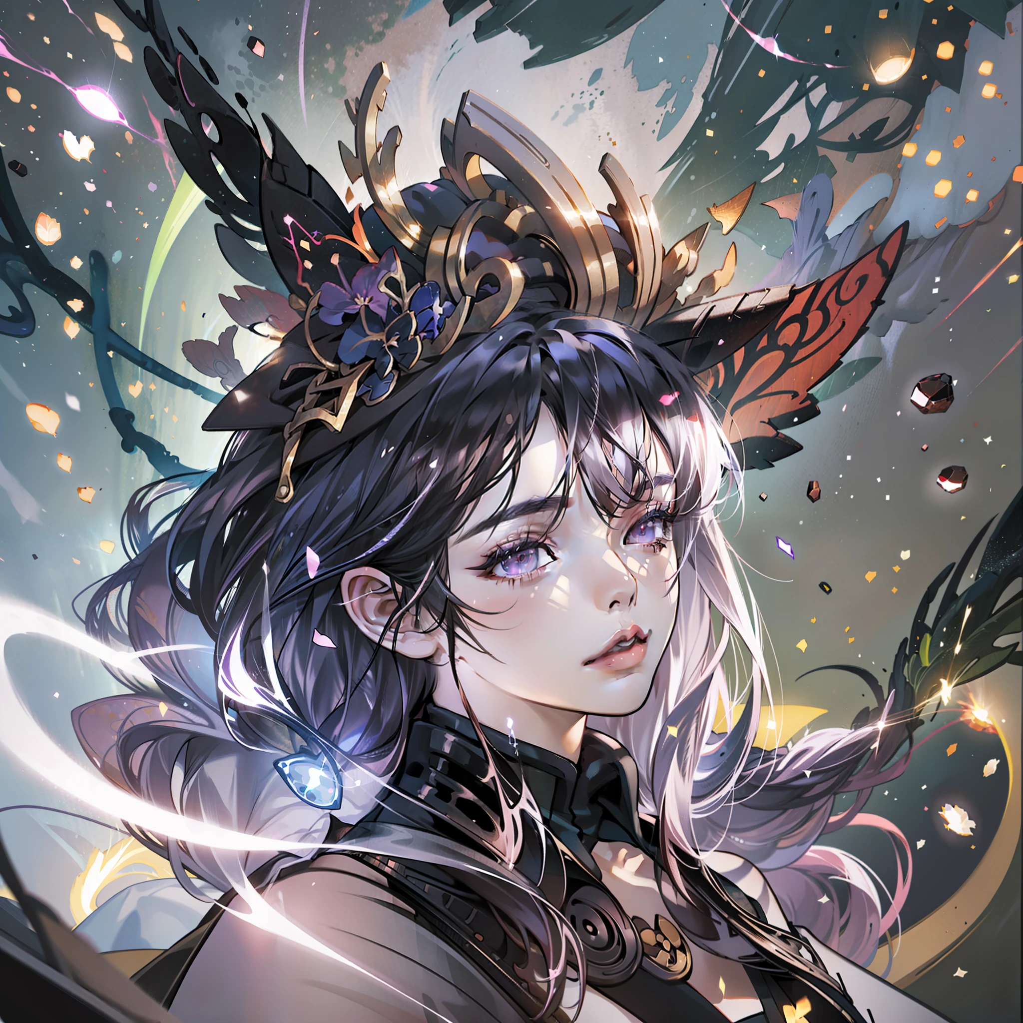 Anime - Style artwork of a woman in a black hat and cape, epic fantasy art with symmetry, symmetry!! Concept Art, Anime Fantasy Illustration, Symmetrical Concept Art, 2. 5d CGI Anime Fantasy Artwork, Digital 2d Fantasy Art, Fantastic Fantasy 2d Concept Art, Ominous Fantasy Illustration, Detailed Digital 2d Fantasy Art, Anime Fantasy Artwork with Colorful, HDR, Ray Tracing, NVIDIA RTX, Super Resolution, Unreal 5, Subsurface Scattering, PBR Texture, Post Processing, Anisotropic Filtering, Depth of Field, Maximum Sharpness and Acutance, Rule of Thirds, 16k Original, (Glow Particle:1.4), Extremely detailed CG, Unity 8k wallpaper, 3D, cinematic lighting, lens flare, reflections, sharp focus, realistic, highly detailed CG illustration, extremely refined and beautiful cinematic light, (realistic: 1.5), (dark background: 1.5), dynamic angle, masterpiece, best quality, super detailed, illustration, detailed light, dramatic_shadow, face shadow, extra detail, best performance,