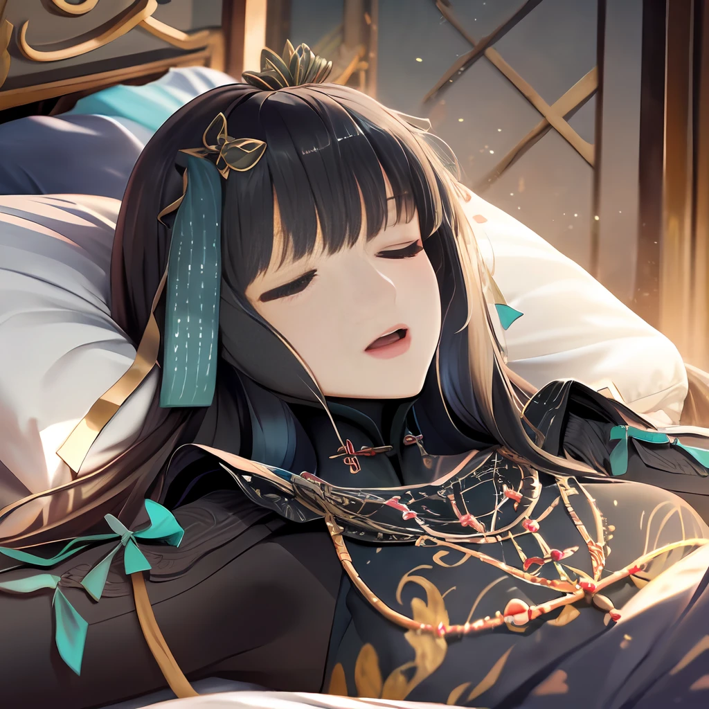 highres,official art,masterpiece,best quality, 1girl,((sleeping)), ((lying down)), ((closed eyes)), ((open mouth)), ((bed)), medium breasts,mature female, qu, china dress, ((close-up to face))