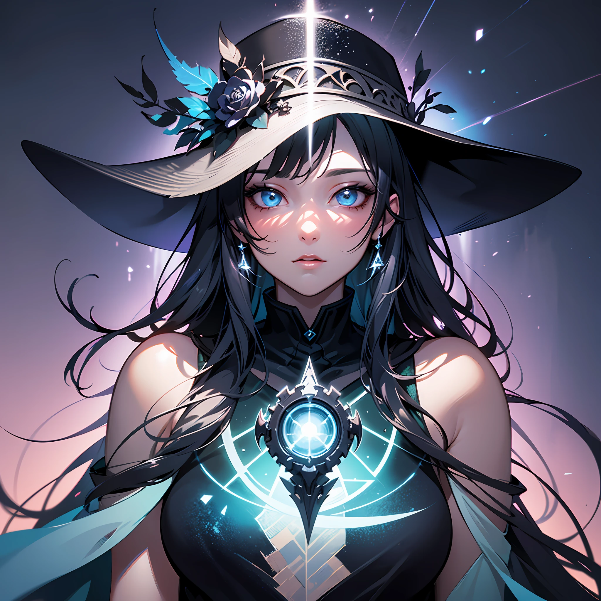 Anime - Style artwork of a woman in a black hat and cape, epic fantasy art with symmetry, symmetry!! Concept Art, Anime Fantasy Illustration, Symmetrical Concept Art, 2. 5d CGI Anime Fantasy Artwork, Digital 2d Fantasy Art, Fantastic Fantasy 2d Concept Art, Ominous Fantasy Illustration, Detailed Digital 2d Fantasy Art, Anime Fantasy Artwork with Colorful, HDR, Ray Tracing, NVIDIA RTX, Super Resolution, Unreal 5, Subsurface Scattering, PBR Texture, Post Processing, Anisotropic Filtering, Depth of Field, Maximum Sharpness and Acutance, Rule of Thirds, 16k Original, (Glow Particle:1.4), Extremely detailed CG, Unity 8k wallpaper, 3D, Cinematic Lighting, Lens Glow, Reflections, Sharp Focus, Realistic, Highly Detailed CG Illustration, Extremely Refined and Beautiful Cinematic Light, (Realistic: 1.5), (Dark Background: 1.5), Dynamic Angle, Masterpiece, Best Quality, Ultra Detailed, Illustration, Detailed Light, dramatic_shadow, Face Shadow, Extra Detail, Best Performance