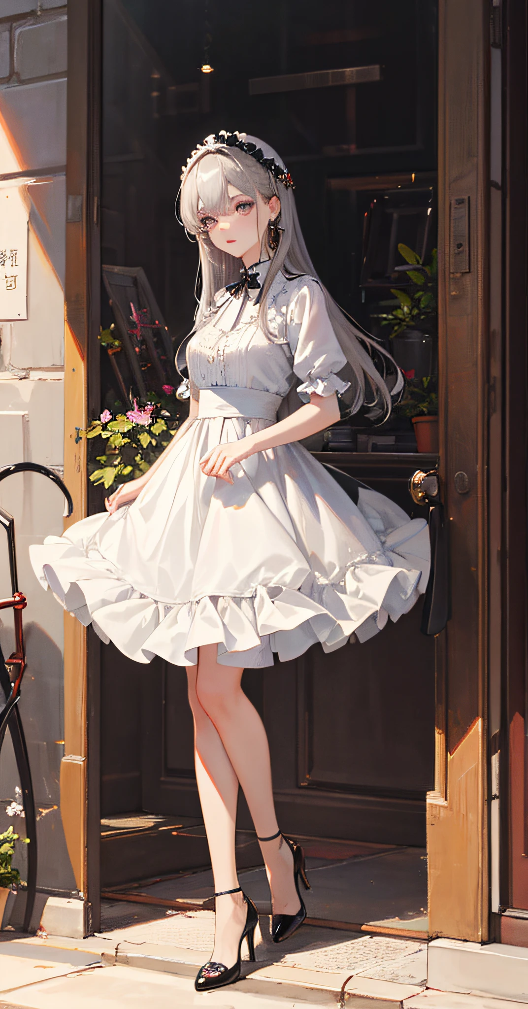 (8K, best quality, Masterpiece: 1.2), (realistic, slender legs, high heels, photorealistic photo: 1.37), best quality, masterpiece, unity, an extremely delicate beauty, extremely detailed, amazing, fine details, masterpiece, best quality, official art, absurd, incredibly absurd, super detailed, high resolution, very detailed, beautiful meticulous girl, extremely detailed eyes and face, beautiful detail eyes, light on face, gray hair, Kpop idol, ulzzang-6500