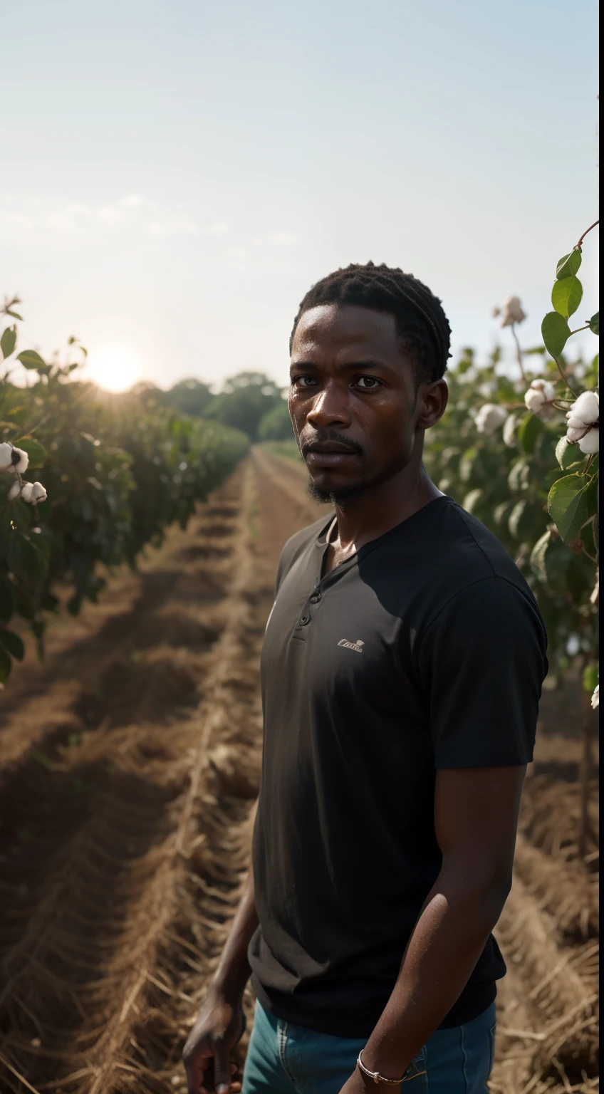 Octane rendering and hyper-realism., 1 black slave man aged 64, in the time of slavery, picking cotton in the field. Day of lots of sun and heat. Tired eyes, sweat dripping down his face, sad, staring at the camera. Full body photo, ultrarealistic,