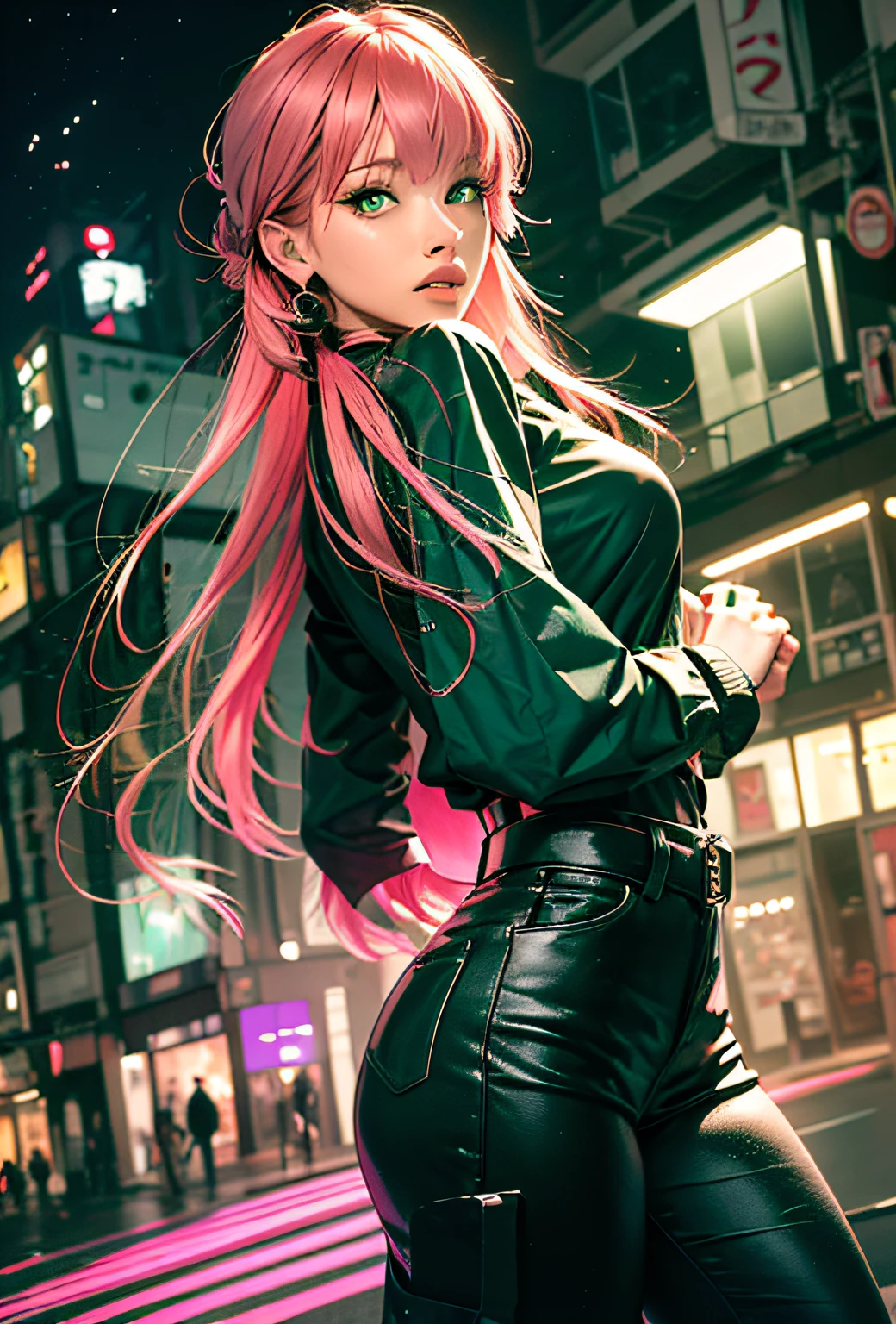 Black Pink ,Girl blouse Regatta with pink hair green eyes and a green , in the background Japanese city at night,next to a Lamborghini