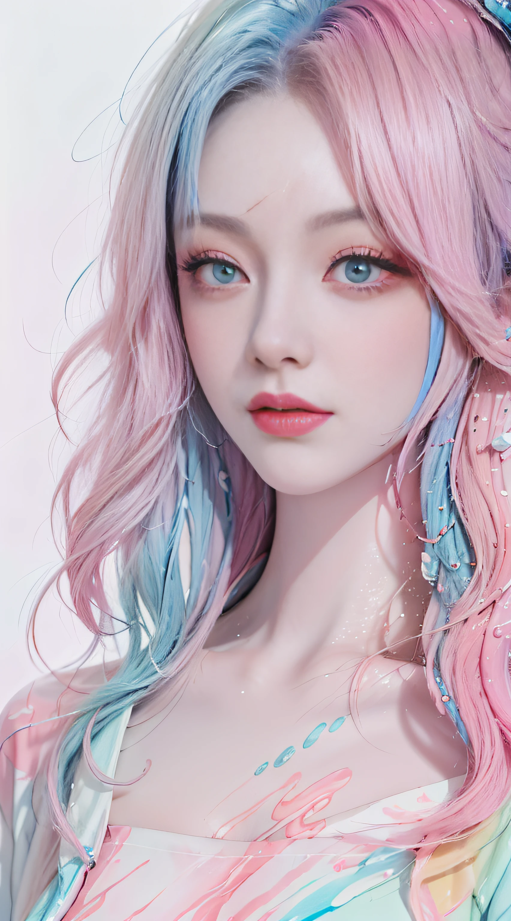 (Masterpiece, Best Quality, High Resolution), White Background, Acrylic Paint, ((Color Splash, Splash of Ink, Color Splash)), Sweet Chinese Girl, Long Light Blue Hair, [Light Blue|Pink] Hair, Curly Hair, Glitter, Peach Lips, White Shirt, Front, Upper Body