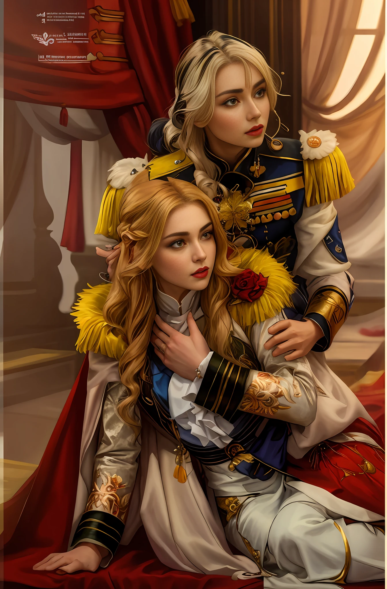 Alafed image of two women in military uniform, Anna Nikonova, young woman as Genghis Khan, Kazakh Empress Maria Panfilova, Simona Subafy as captain, Julia Gorokhova, award-winning costume design, Anastasia Ovchinnikova, Rose of Versailles, Takarazuka,