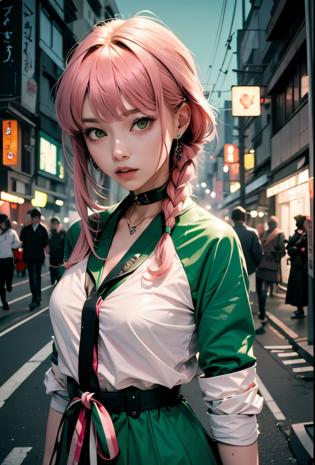 Black Pink ,Girl blouse Regatta with pink hair green eyes and a green , in the background Japanese city at night,next to a Lamborghini