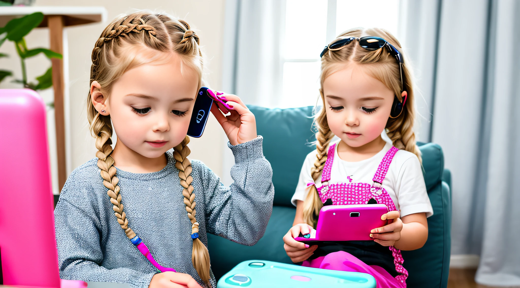 GIRL BLONDE CHILD LONG HAIR BRAIDS, holding a pink cell phone in her hand, girl making a phone call, cell phone, checking her cell phone, child, toy business photo, pink girl, high key, high-key, cell phone, next generation, holding a very advanced phone, children, girl, giga, precious, playing, gadgets, photo shoot