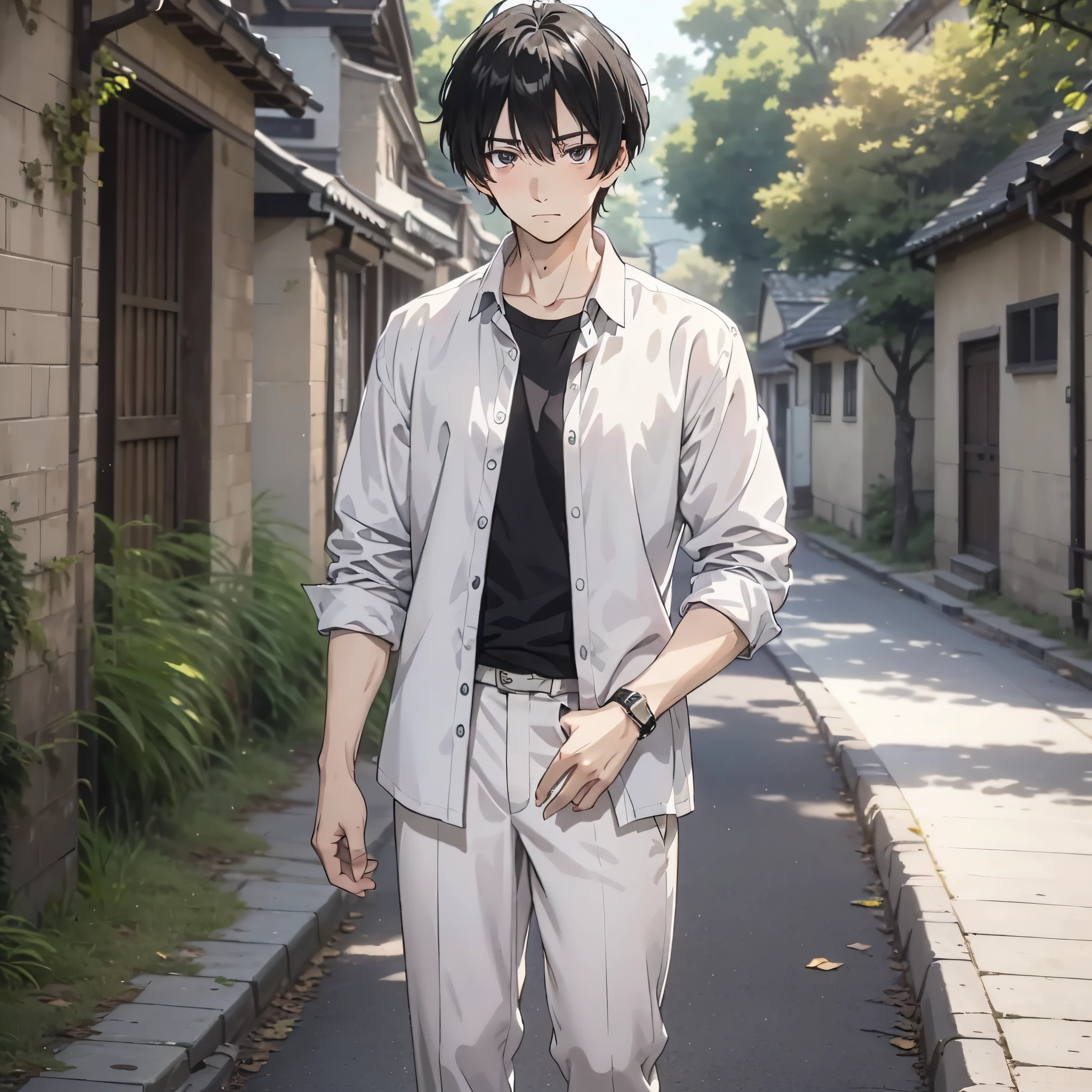 A male student with short black hair and a white shirt stands in front of a village path looking at the camera (expression scared 1.5) (full body display 1.5) (handsome boy 1.5) (cinematic light 1.5) (master masterpiece: 1.4), hyper detail, anime style 4 K, anime rendering, anime style. 8k,