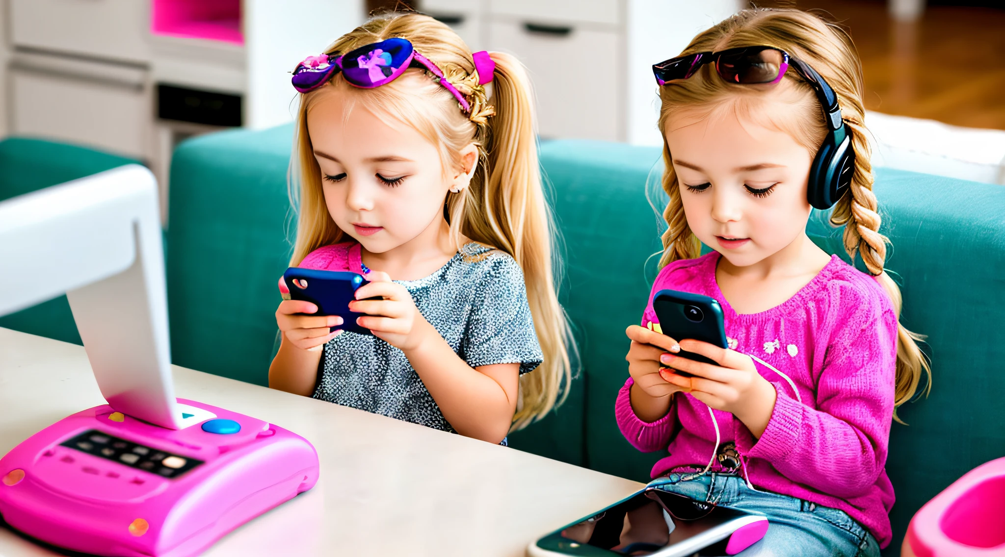 GIRL BLONDE CHILD LONG HAIR BRAIDS, holding a pink cell phone in her hand, girl making a phone call, cell phone, checking her cell phone, child, toy business photo, pink girl, high key, high-key, cell phone, next generation, holding a very advanced phone, children, girl, giga, precious, playing, gadgets, photo shoot