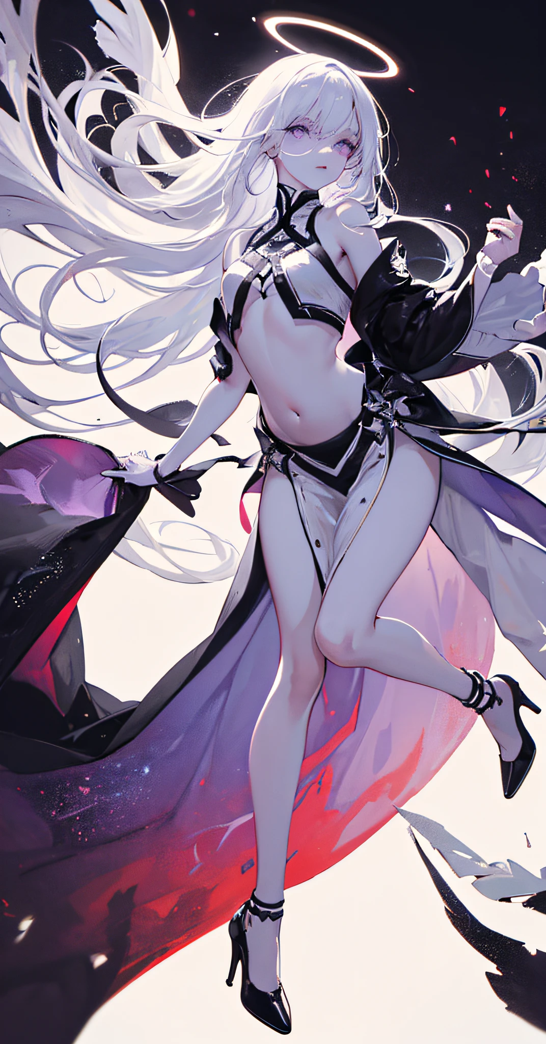 high resolution, highest quality, illustration, slim legs and high heels, cinematic light, super detailed, detailed face, (detailed eyes), best quality, super detailed, masterpiece, (detailed face), white hair, purple eyes, highest detail, glowing eyes, medium breath, black halo, white clothes, backlight, (belly: 1.4), light, (high contrast), (color),