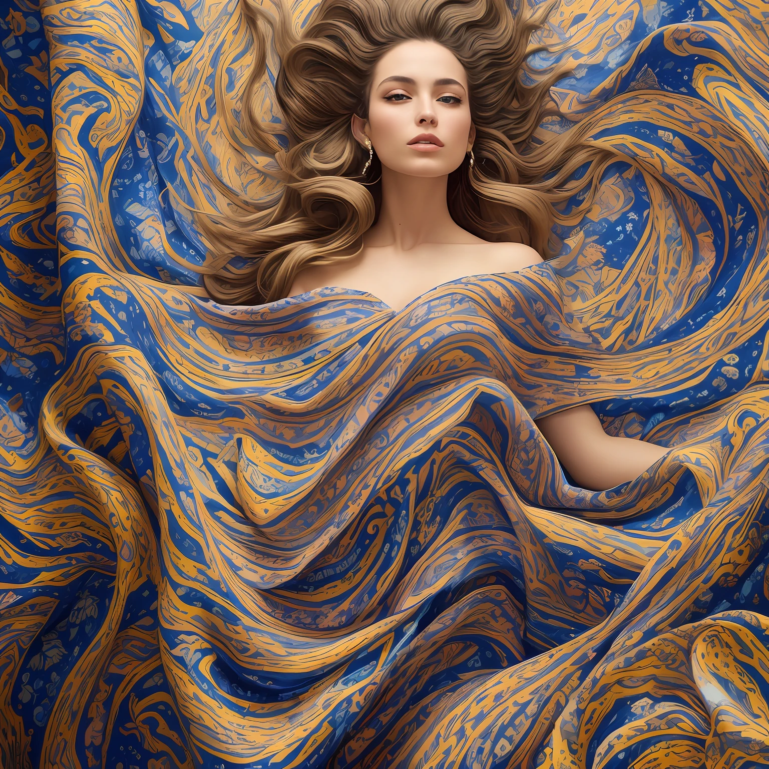 Masterpiece, dress, high quality, art muse, surrounded by swirling fabric, (fabric detail:1.2), (intricate fabric folds:1.2), photographed by peter lindbergh and dave lachapelle, closeup, Sony A9 II, f2.0, iso 100, dynamic composition, serene expression, primal energy, elemental beauty, high resolution, uhd, hdr, vogue photoshoot, Laocoön, iris flare
