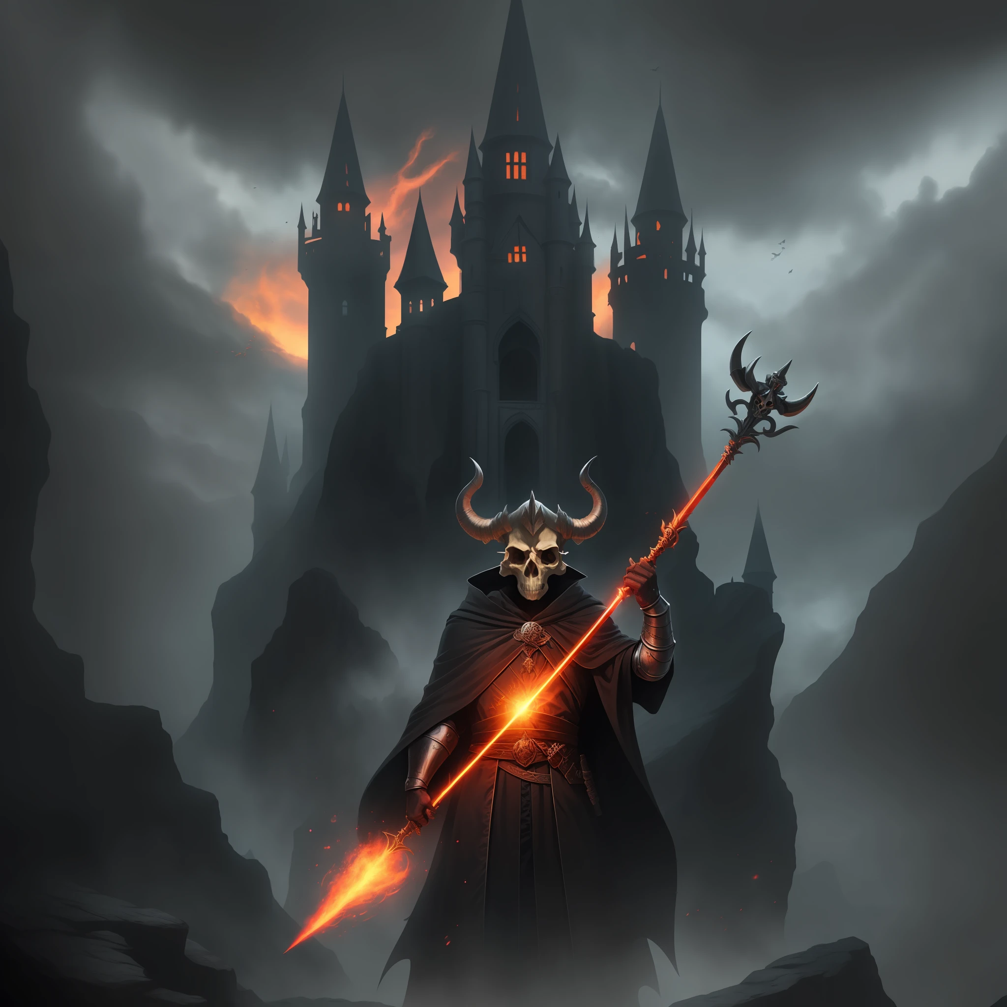 Horned skulls, wearing black robes, red eyes, wielding magic wands, like knights, Standing in a castle on a cliff, Red mist