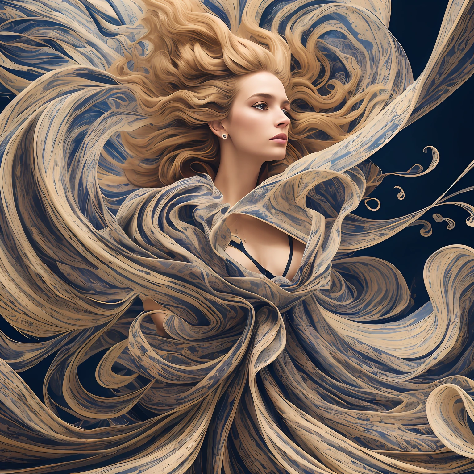 Masterpiece, dress, high quality, art muse, surrounded by swirling fabric, (fabric detail:1.2), (intricate fabric folds:1.2), photographed by peter lindbergh and dave lachapelle, closeup, Sony A9 II, f2.0, iso 100, dynamic composition, serene expression, primal energy, elemental beauty, high resolution, uhd, hdr, vogue photoshoot, Laocoön, iris flare